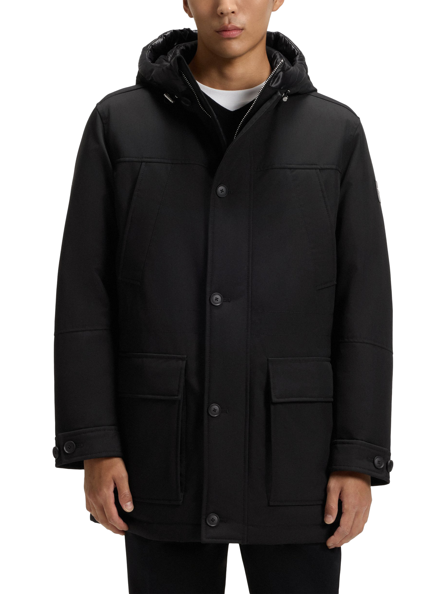 Product image 1 of 6, which shows BOSS Hooded Overcoat, Black, 36R