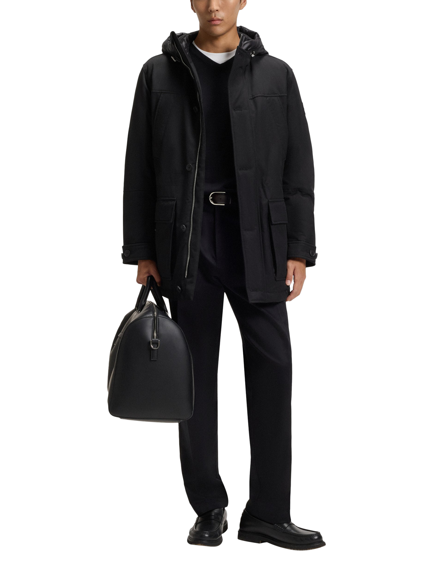 Product image 3 of 6, which shows BOSS Hooded Overcoat, Black, 36R