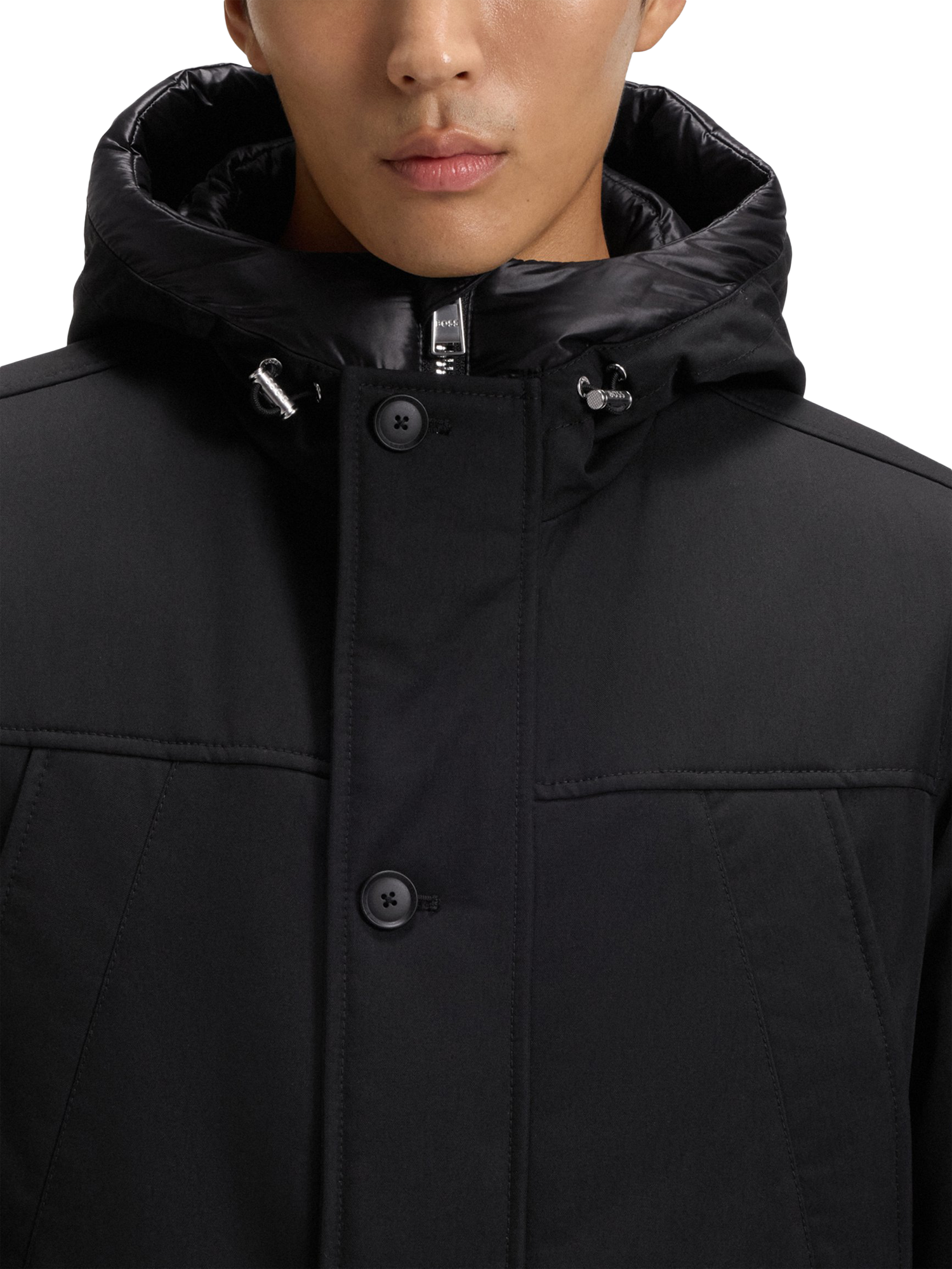 Product image 6 of 6, which shows BOSS Hooded Overcoat, Black, 36R