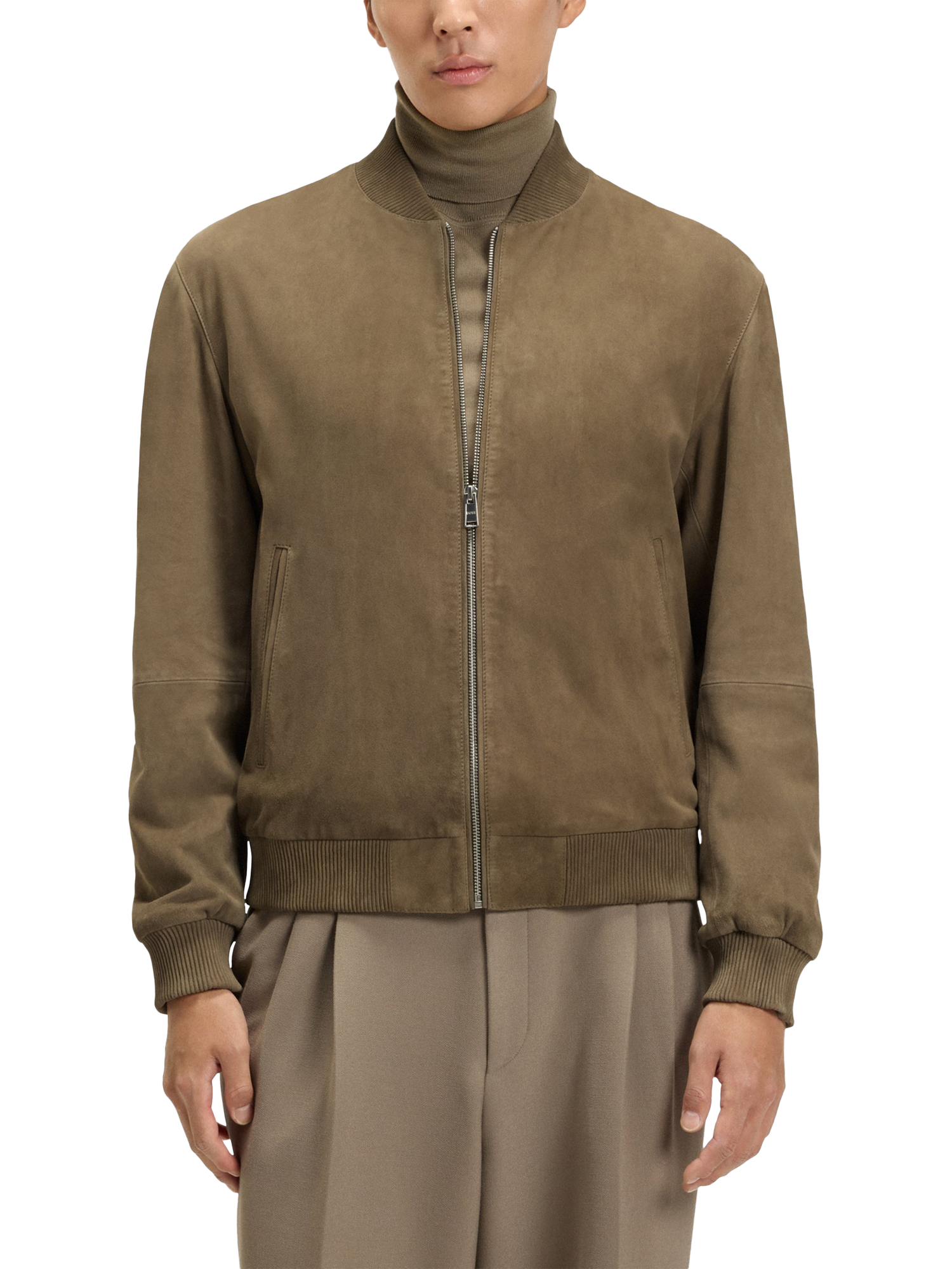 Product image 1 of 6, which shows HUGO BOSS BOSS Zip Front Suede Bomber Jacket, Open Brown, 36R
