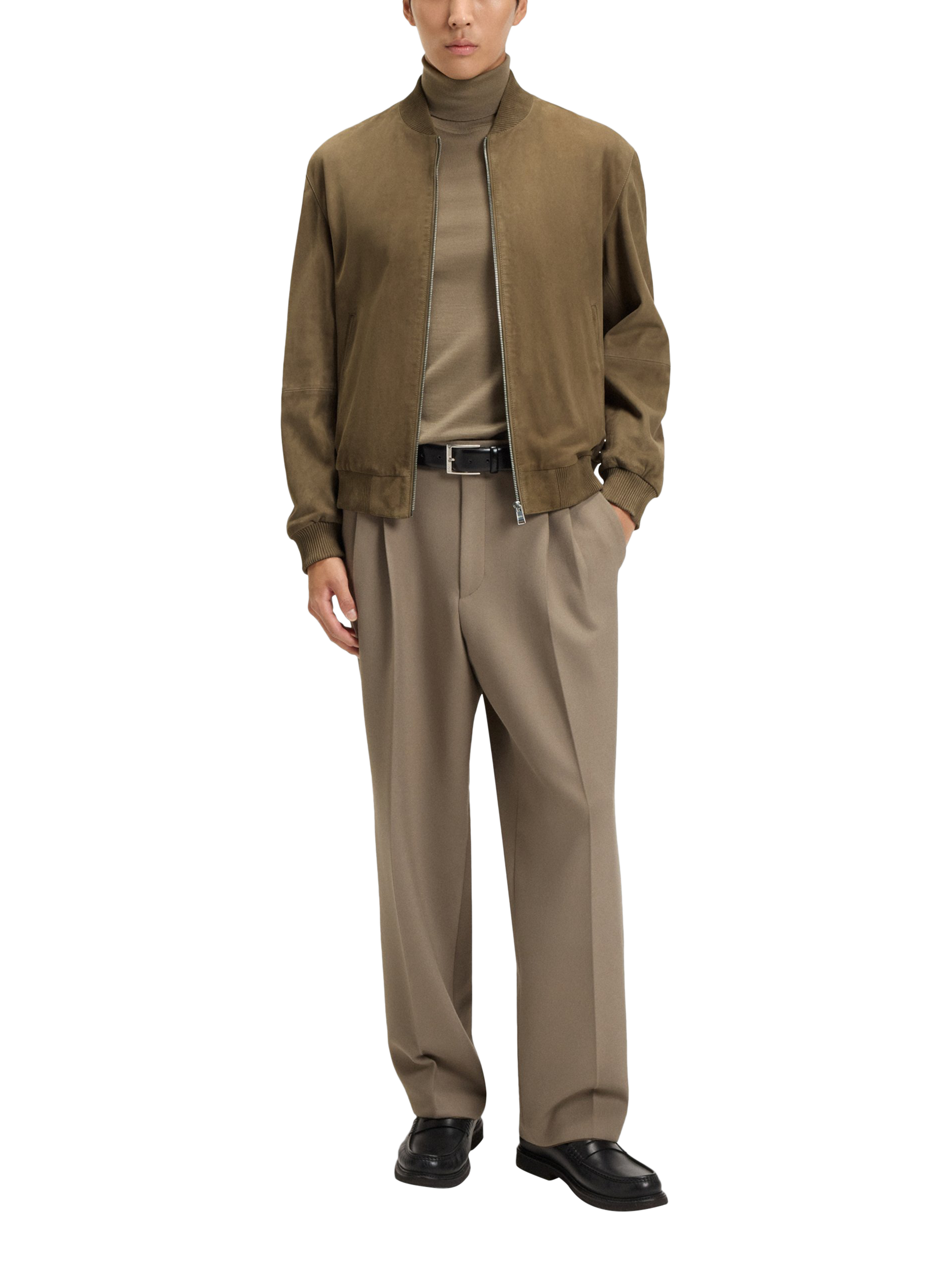 Product image 3 of 6, which shows HUGO BOSS BOSS Zip Front Suede Bomber Jacket, Open Brown, 36R