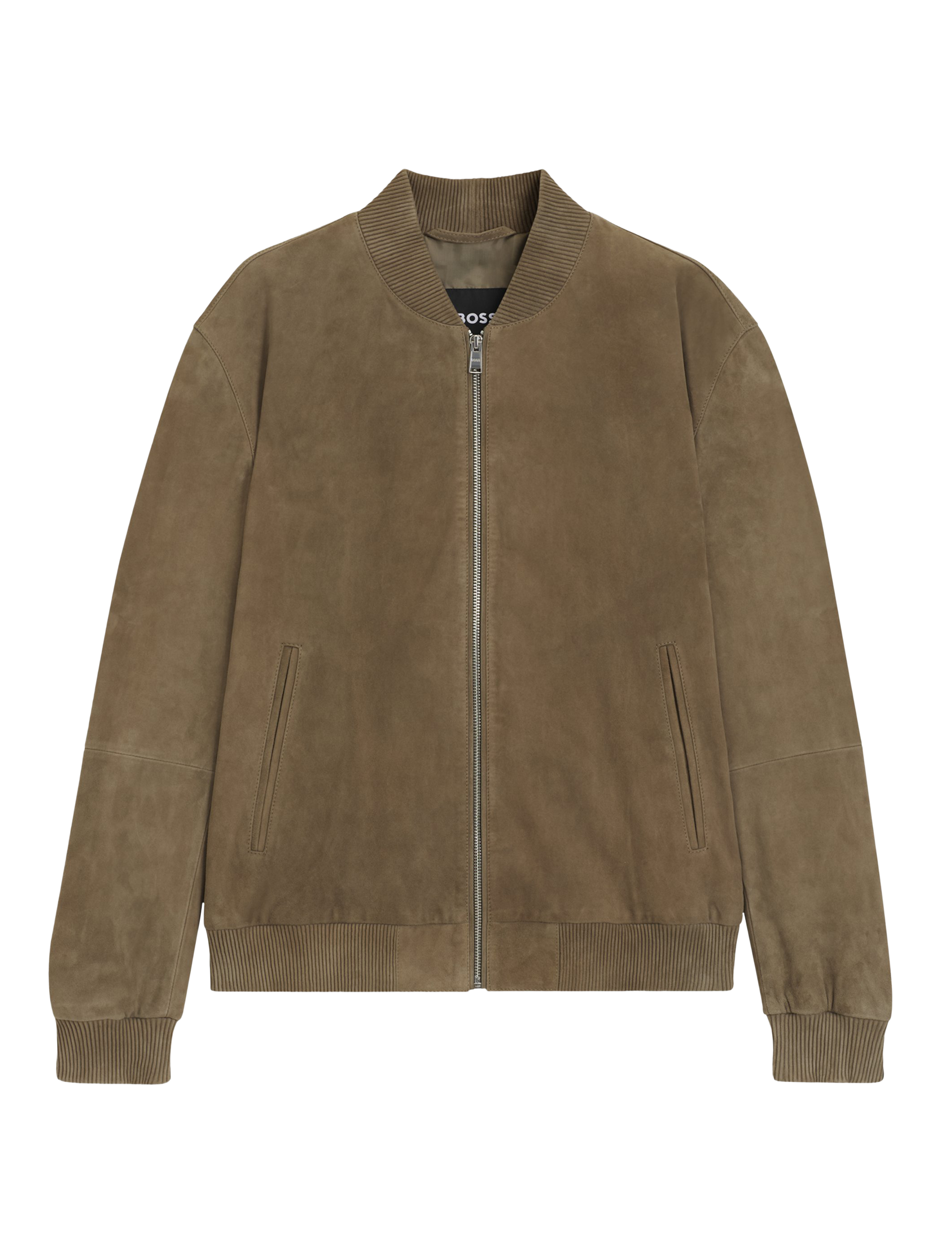Product image 4 of 6, which shows HUGO BOSS BOSS Zip Front Suede Bomber Jacket, Open Brown, 36R