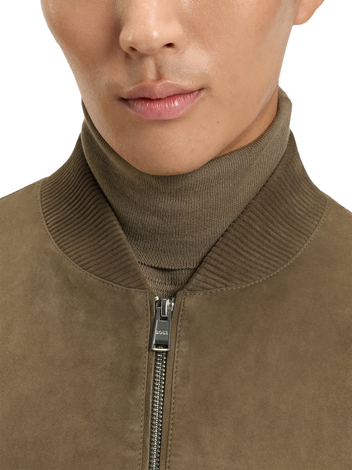 Product image 6 of 6, which shows HUGO BOSS BOSS Zip Front Suede Bomber Jacket, Open Brown, 36R