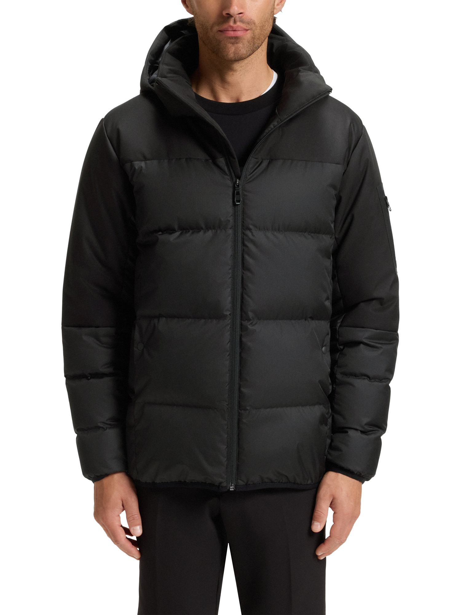 Product image 1 of 6, which shows HUGO BOSS BOSS Hooded Zip Front Puffer Jacket, Black, XXL