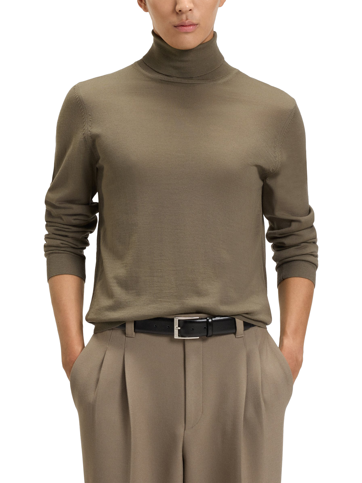 Product image 1 of 5, which shows HUGO BOSS BOSS Musso Roll Neck Wool Jumper, Open Brown, M