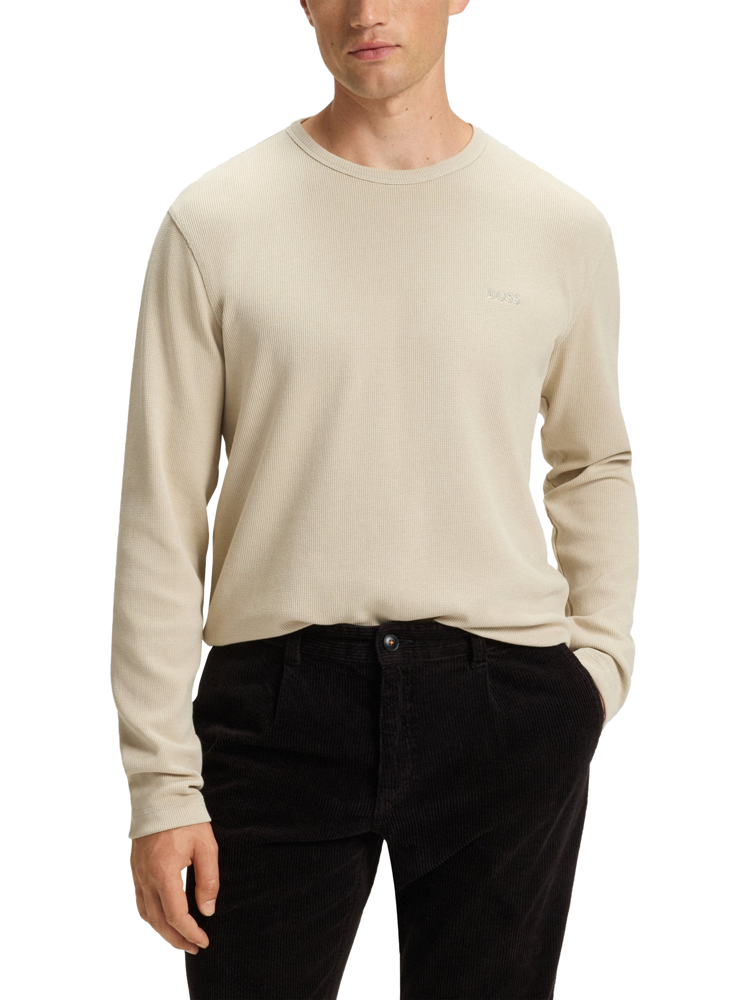 HUGO BOSS BOSS Waffle Long Sleeve T-Shirt, Light Beige