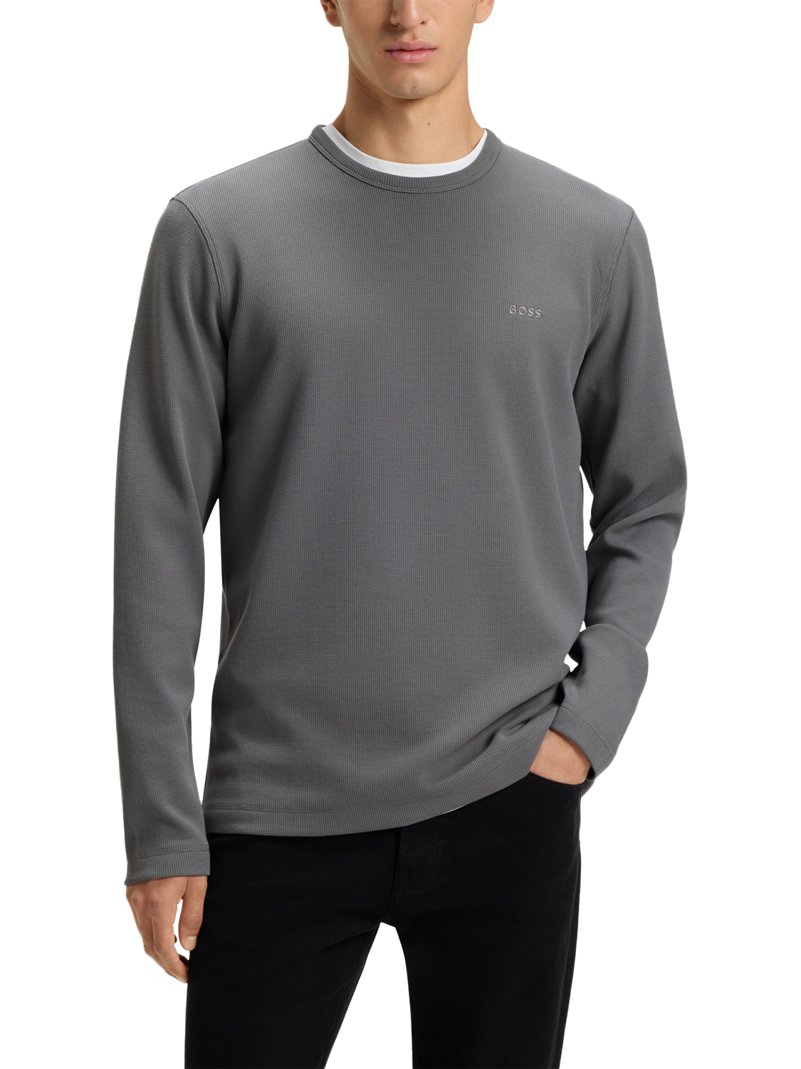 Product image 1 of 5, which shows BOSS Tempesto Long Sleeve Crew Neck Top, Open Grey, S