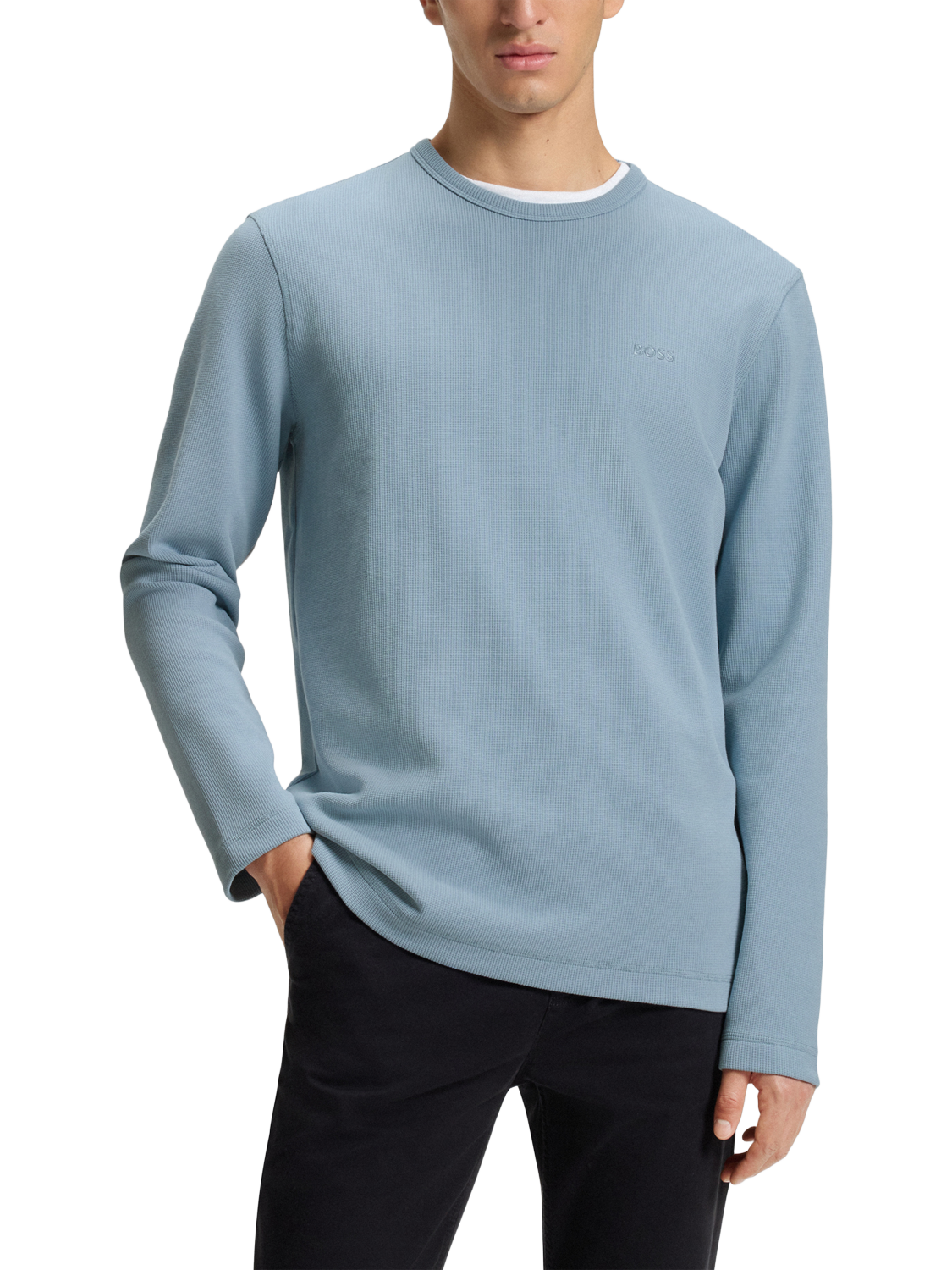 Product image 1 of 5, which shows BOSS Tempesto Long Sleeve Crew Neck Top, Light/Pastel Blue, S