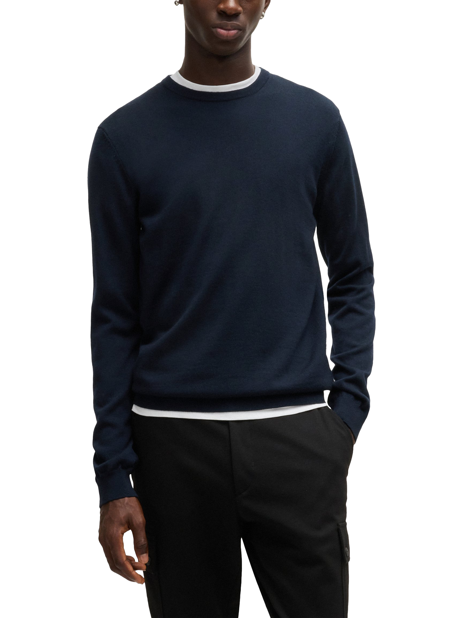 Product image 1 of 5, which shows HUGO BOSS Wool Round Neck Jumper, Navy, S