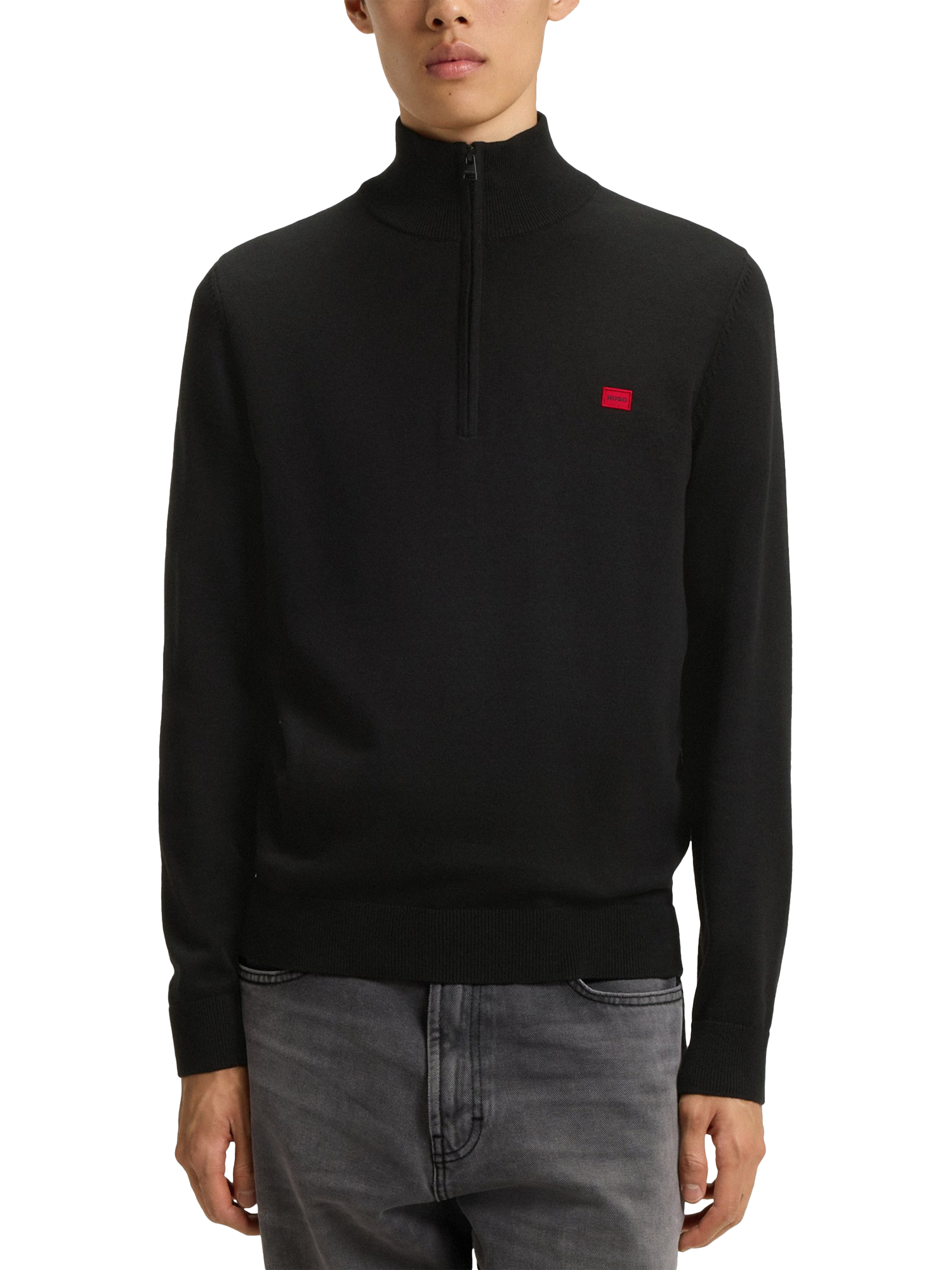 HUGO BOSS HUGO Half Zip Cotton Jumper, Black