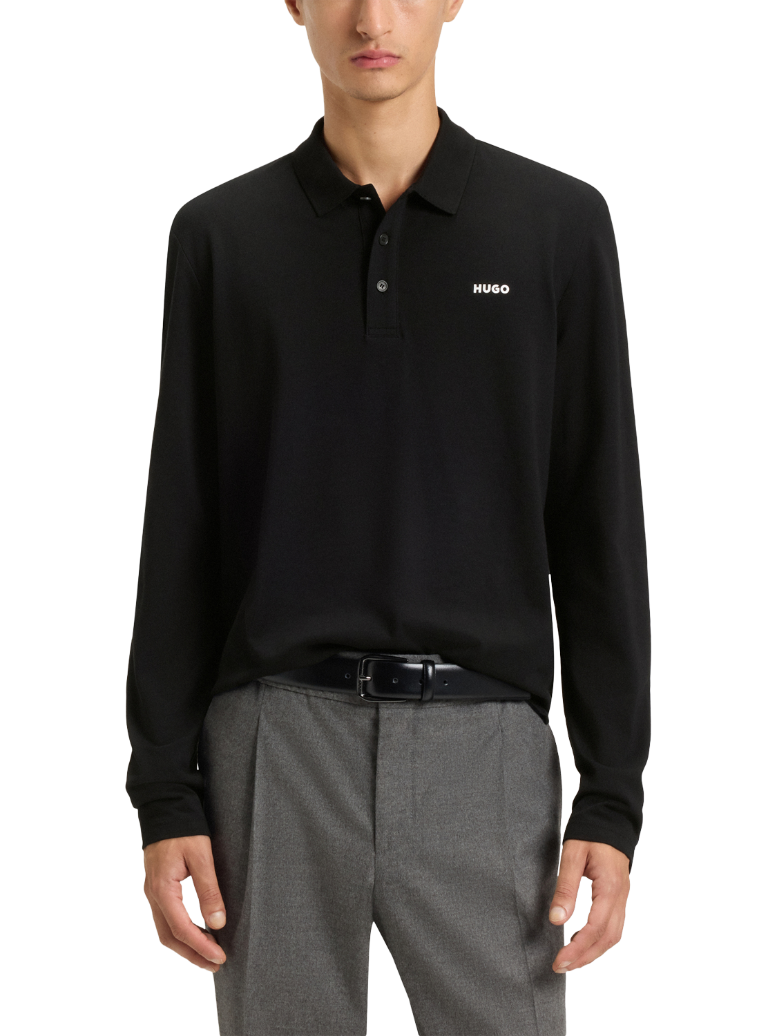 Product image 1 of 5, which shows HUGO Cotton Regular Fit Long Sleeve Polo Shirt, Black, XS
