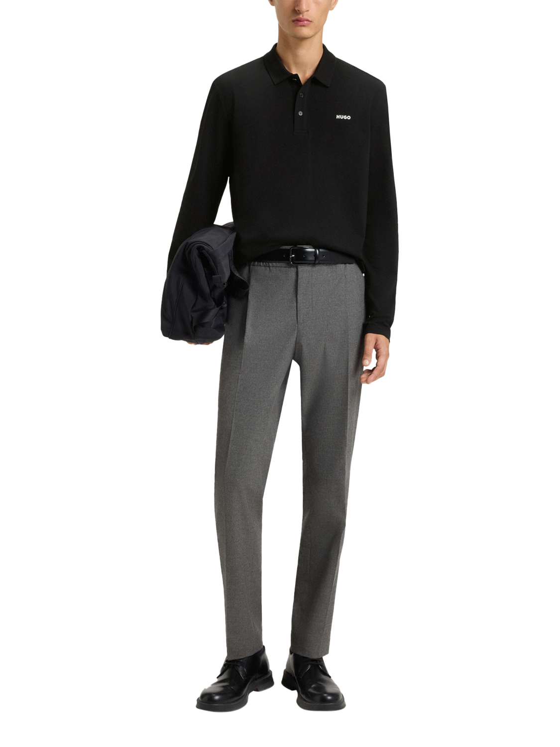 Product image 3 of 5, which shows HUGO Cotton Regular Fit Long Sleeve Polo Shirt, Black, XS