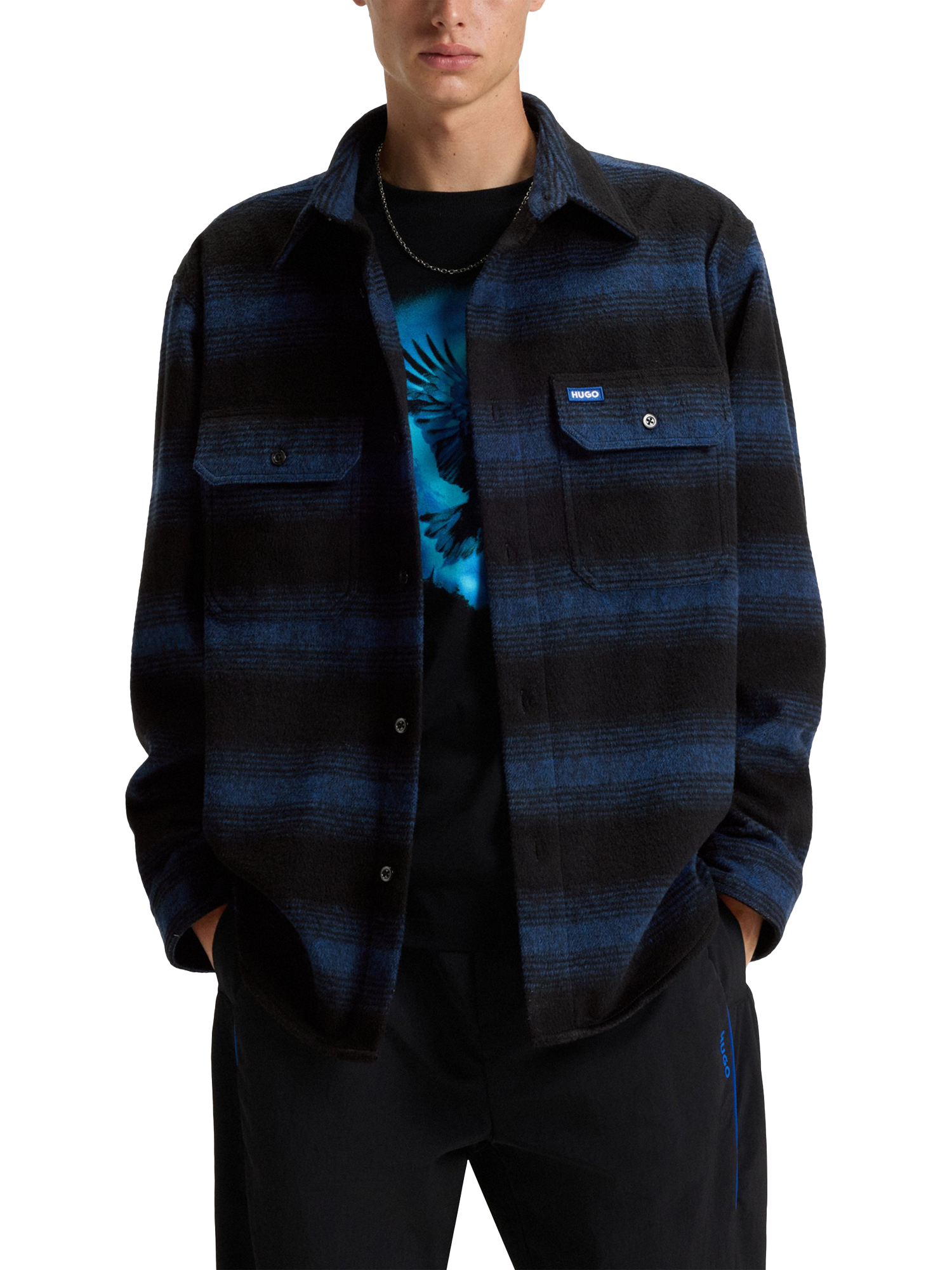 Product image 1 of 6, which shows HUGO Wool Blend Loose Fit Check Shirt, Open Blue, M