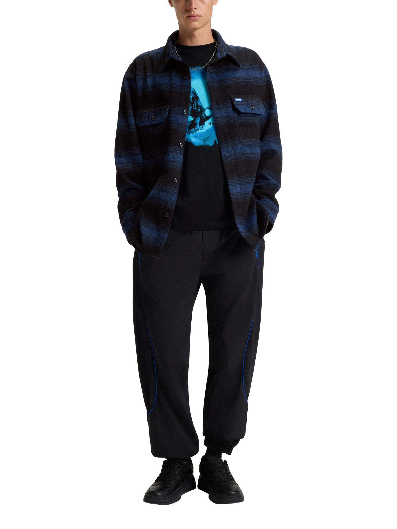Product image 3 of 6, which shows HUGO Wool Blend Loose Fit Check Shirt, Open Blue, M