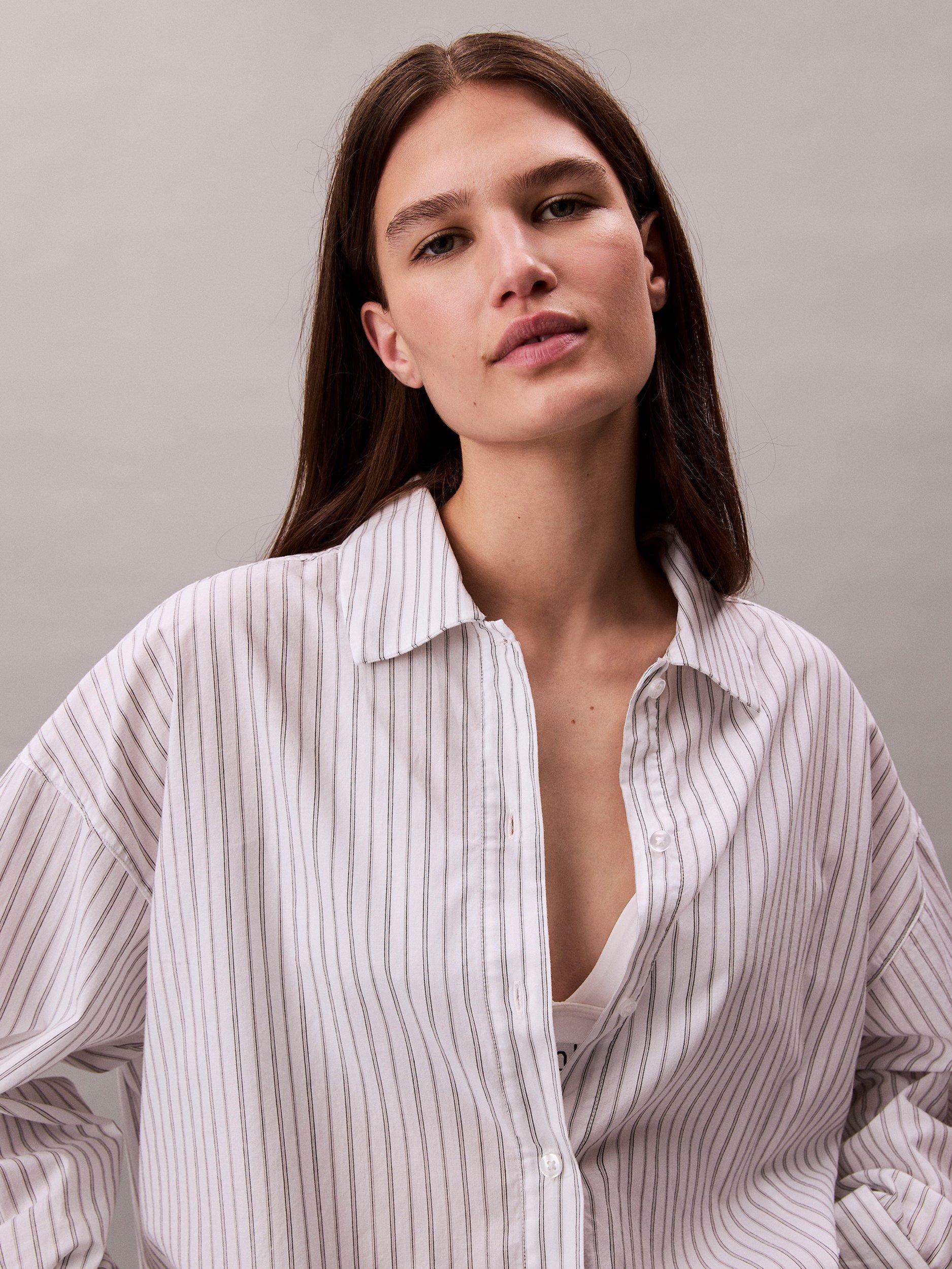 Product image 2 of 6, which shows Calvin Klein Stripe Relaxed Fit Pyjama Shirt, White/Multi, L