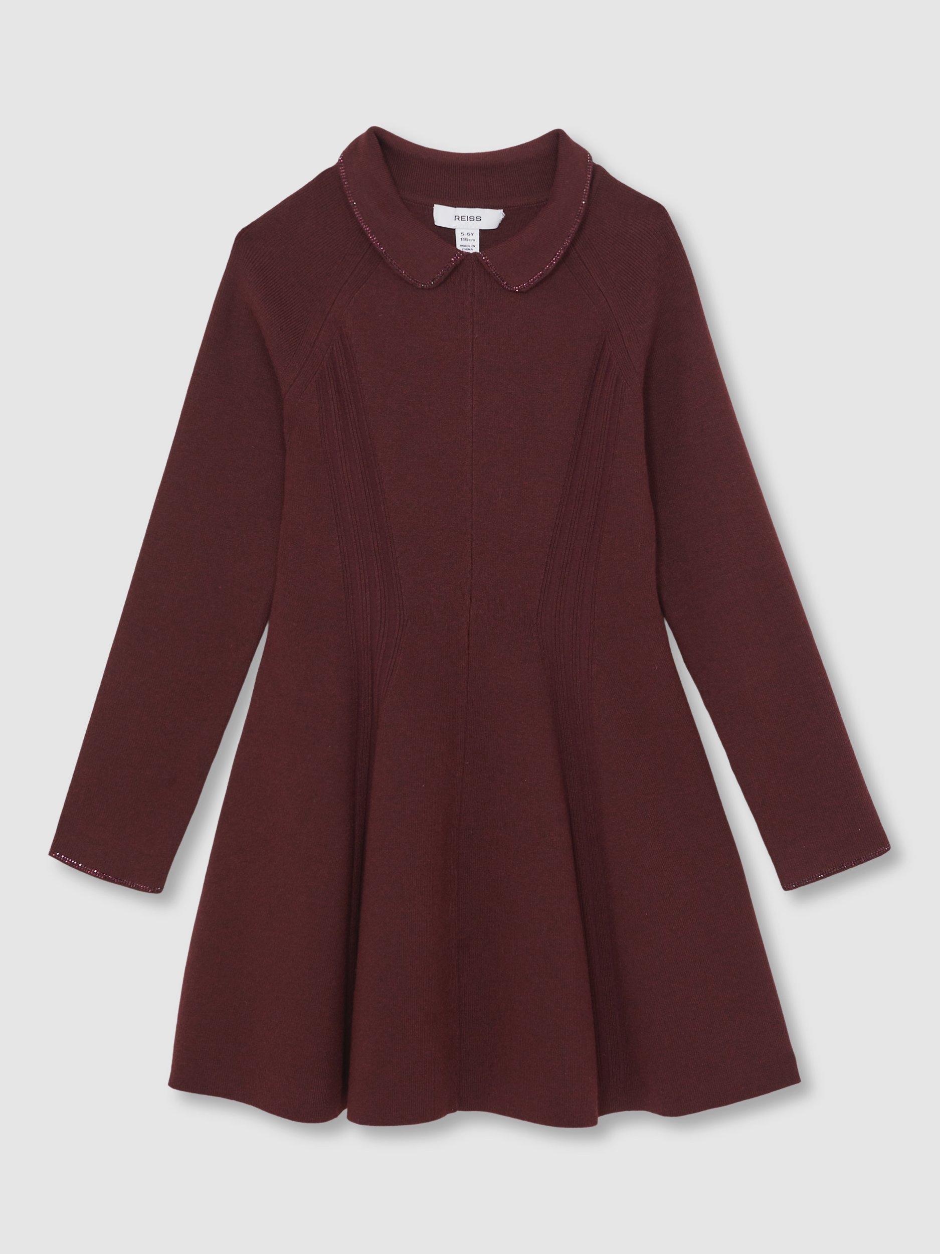 Reiss Kids' Zadie Embellished Collar Long Sleeve Knit Dress, Berry