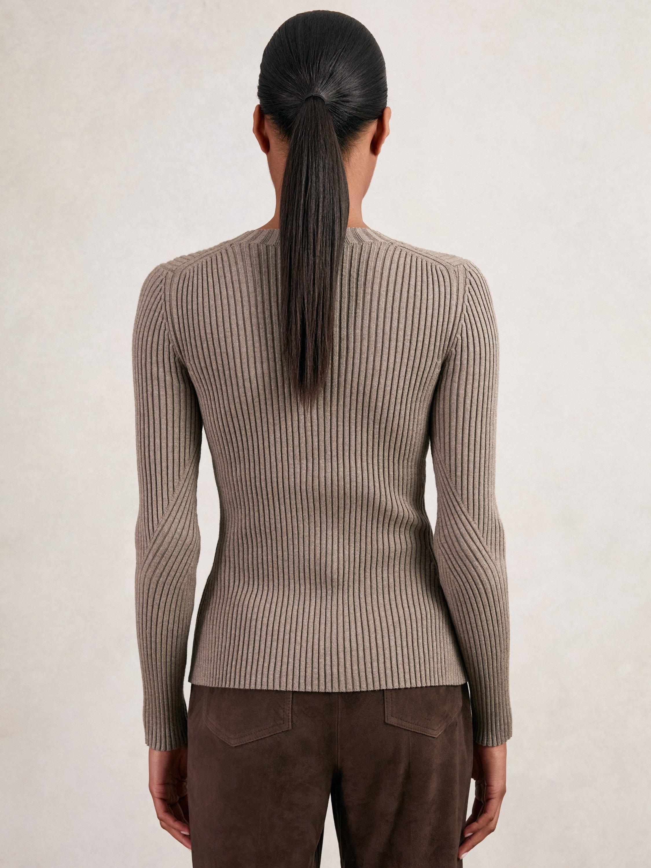 Product image 2 of 5, which shows Reiss Tula Ribbed Knit Cardigan, Stone, S