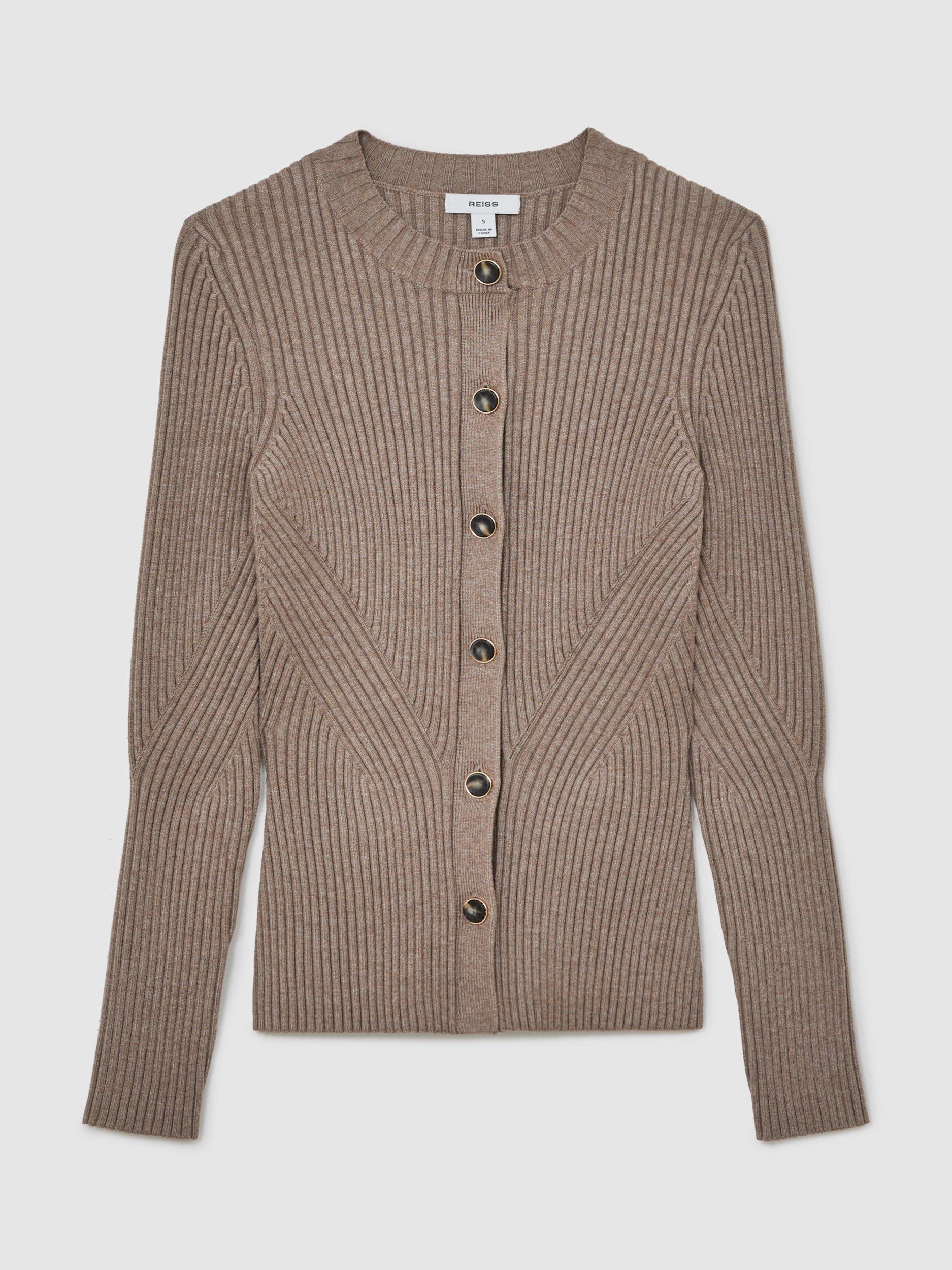 Product image 3 of 5, which shows Reiss Tula Ribbed Knit Cardigan, Stone, S
