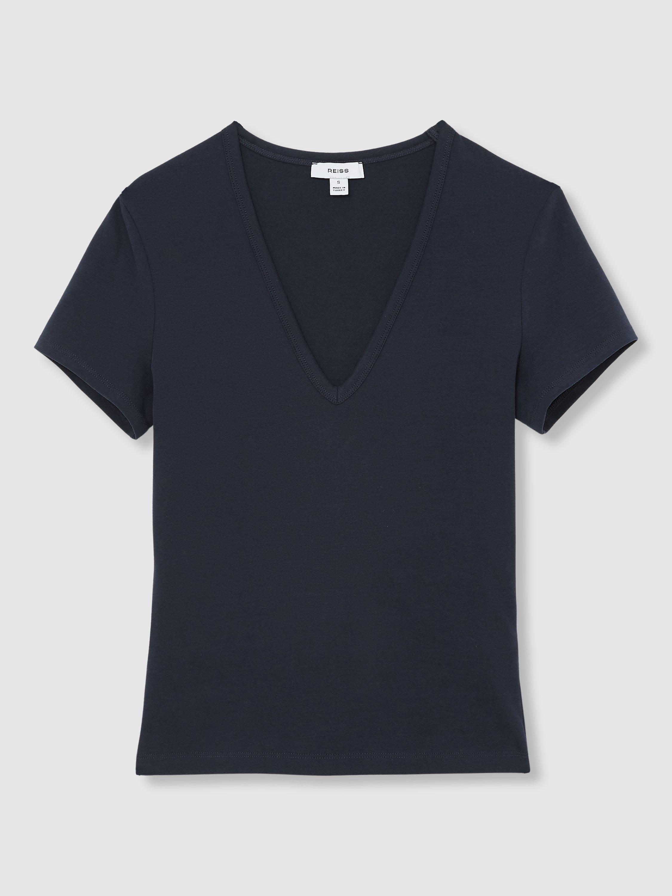 Product image 3 of 5, which shows Reiss Leia V-Neck T-Shirt, Navy, XS