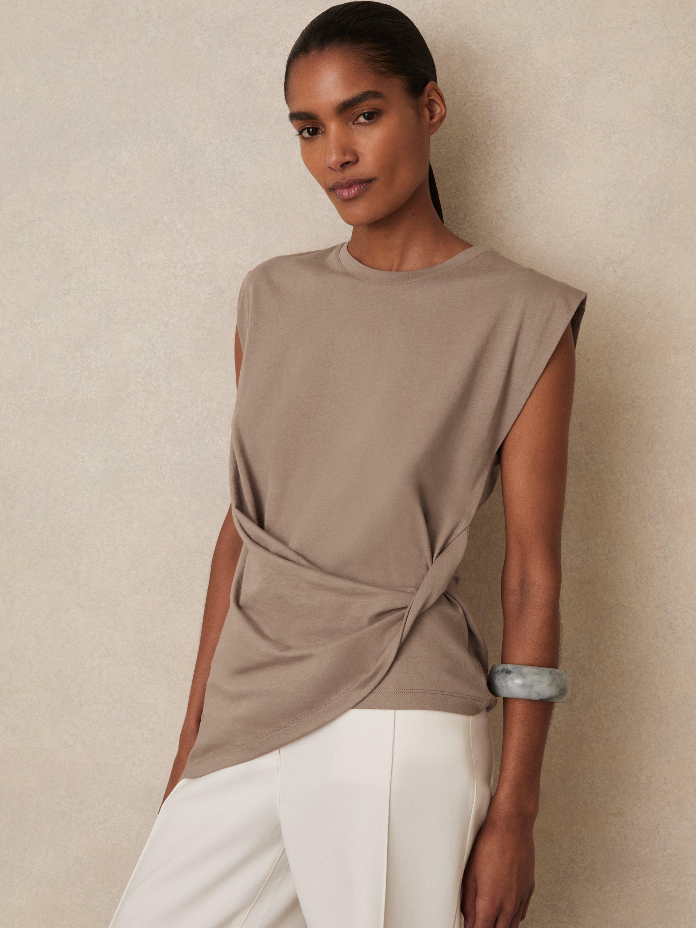 Product image 1 of 5, which shows Reiss Tilly Cotton Cap Sleeve Top, Taupe, XS