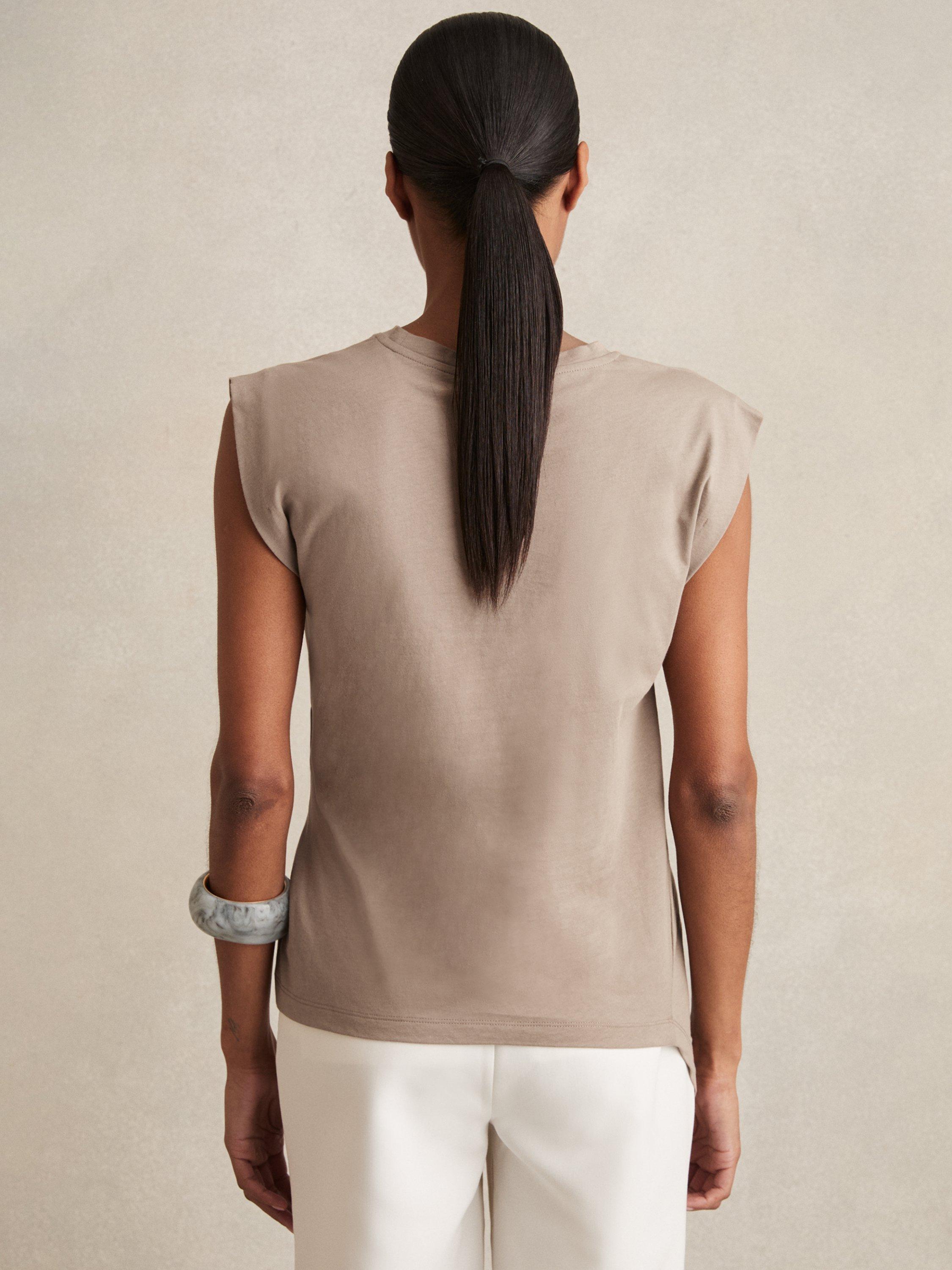 Product image 2 of 5, which shows Reiss Tilly Cotton Cap Sleeve Top, Taupe, XS