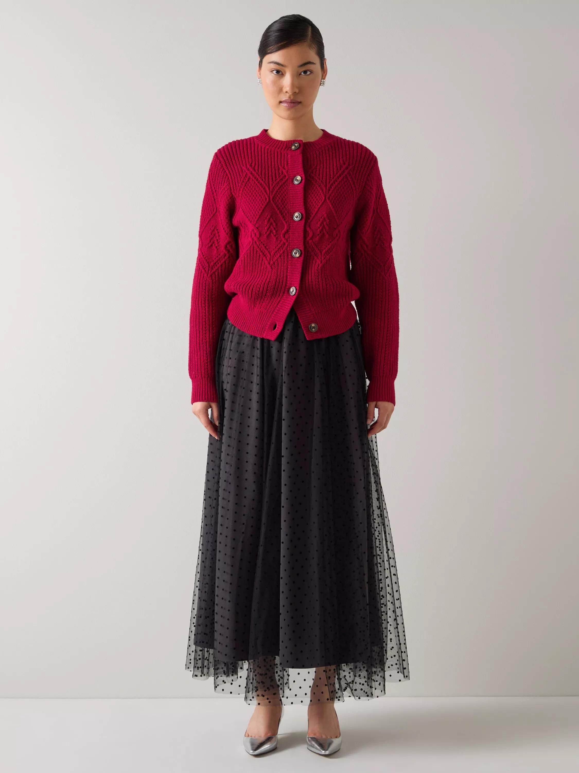 L.K.Bennett Orla Diamond Pointelle Wool Rich Cardigan, Damson