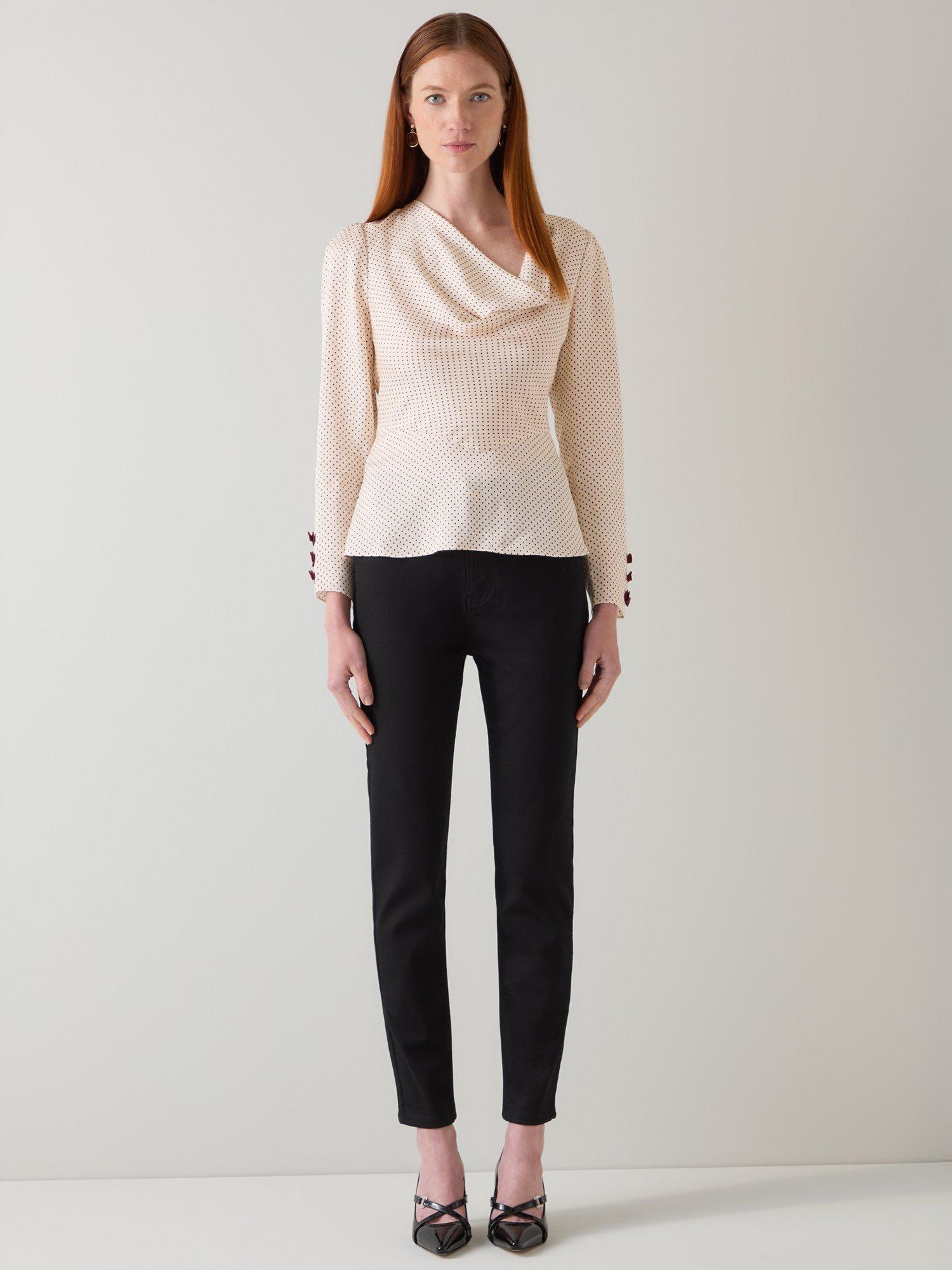 Product image 1 of 5, which shows L.K.Bennett Eva Spot Cowl Neck Top, Cream/Black, 10
