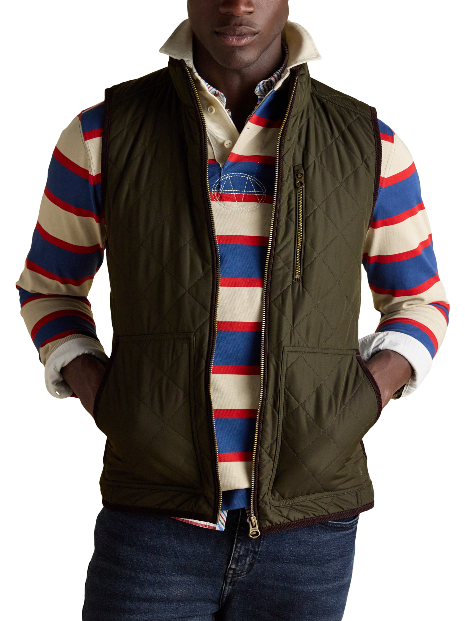Product image 1 of 9, which shows Joules Quilted Zip Gilet, Green, S Reg