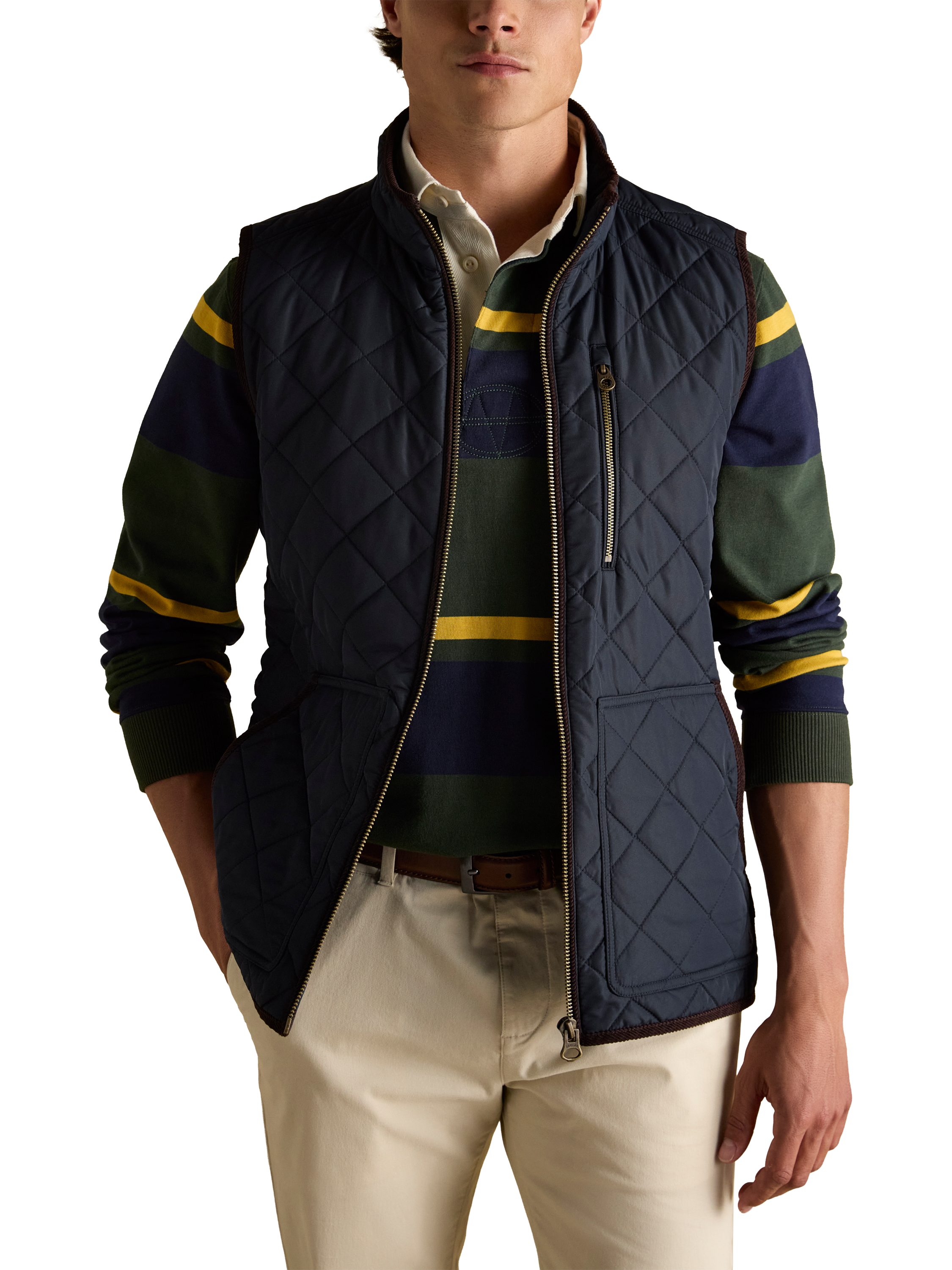 Product image 1 of 7, which shows Joules Quilted Zip Gilet, Navy, S Reg