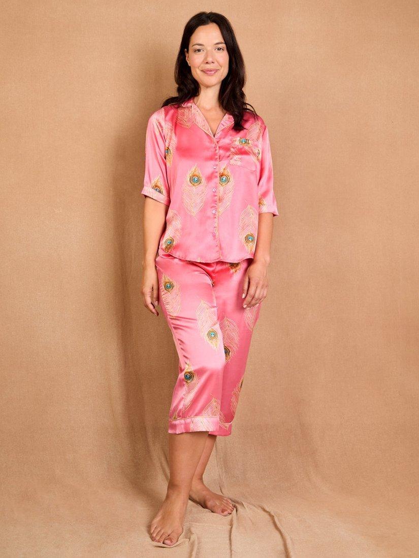 Product image 1 of 3, which shows Their Nibs Peacock Feather Satin Capri Pyjama Set, Pink, XL