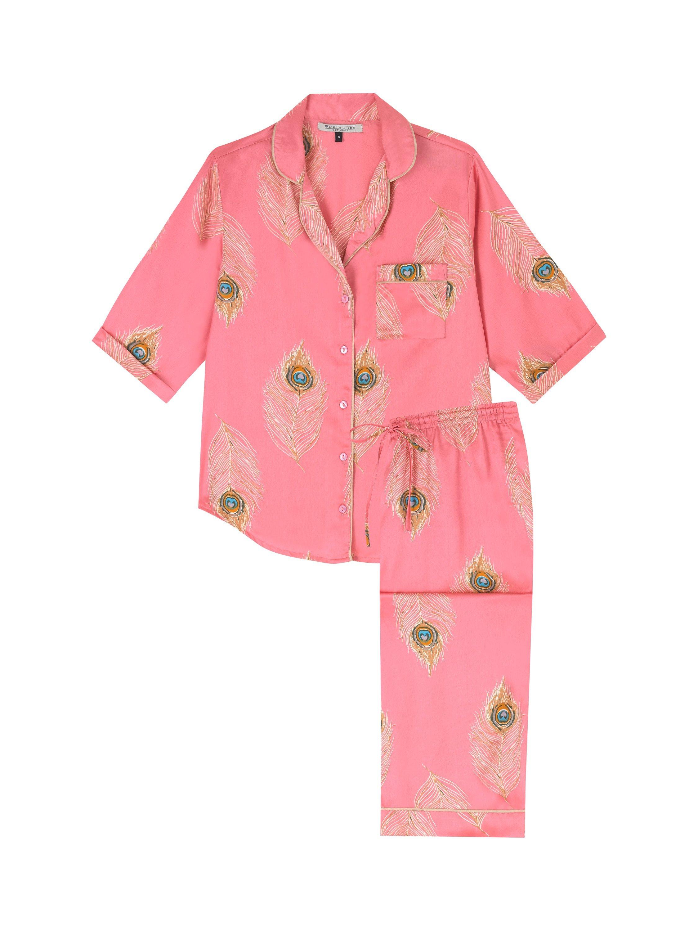 Product image 3 of 3, which shows Their Nibs Peacock Feather Satin Capri Pyjama Set, Pink, XL
