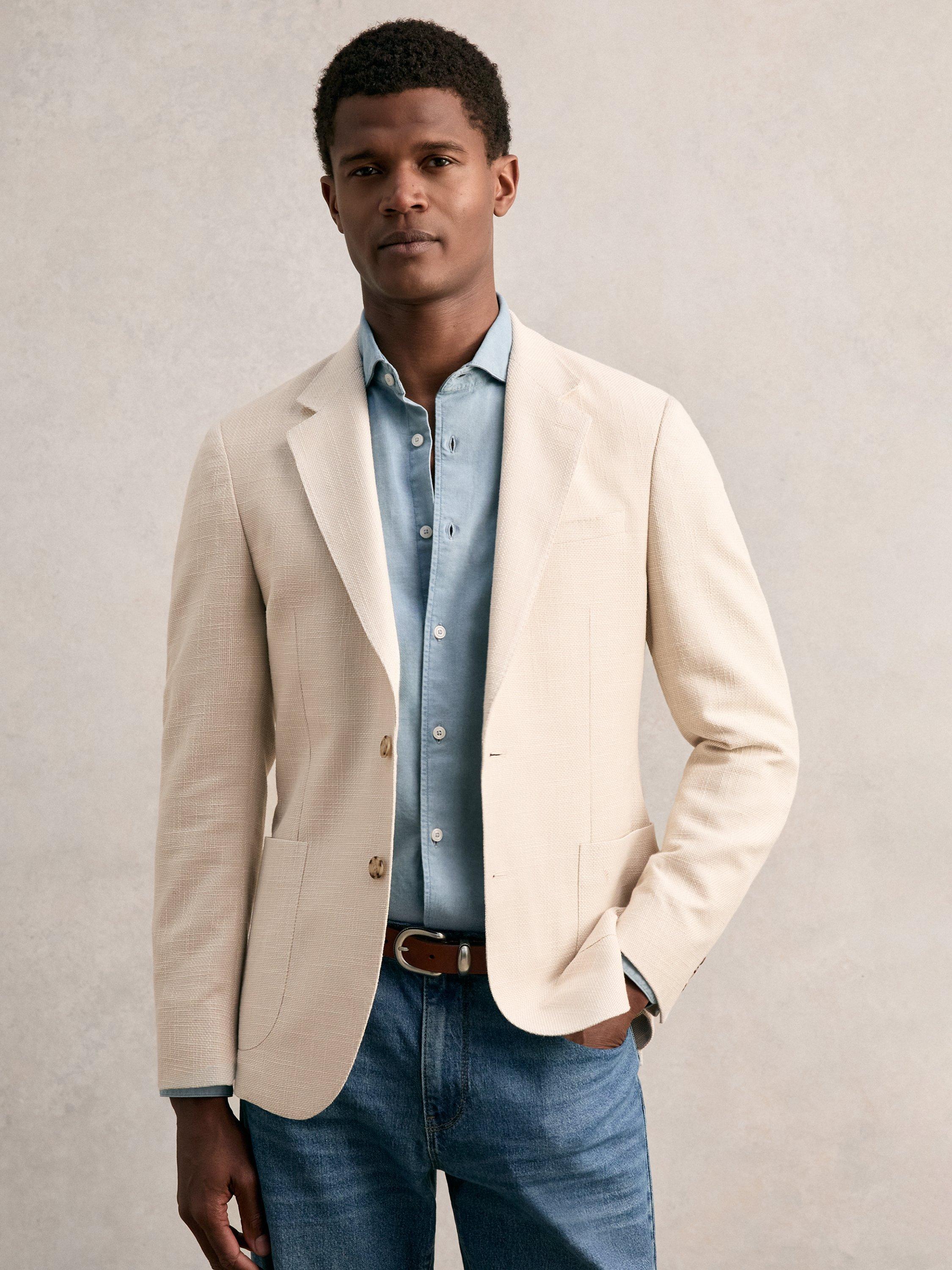 Product image 1 of 5, which shows Reiss Cotton Blend Single Breasted Tailored Blazer, Stone, 40