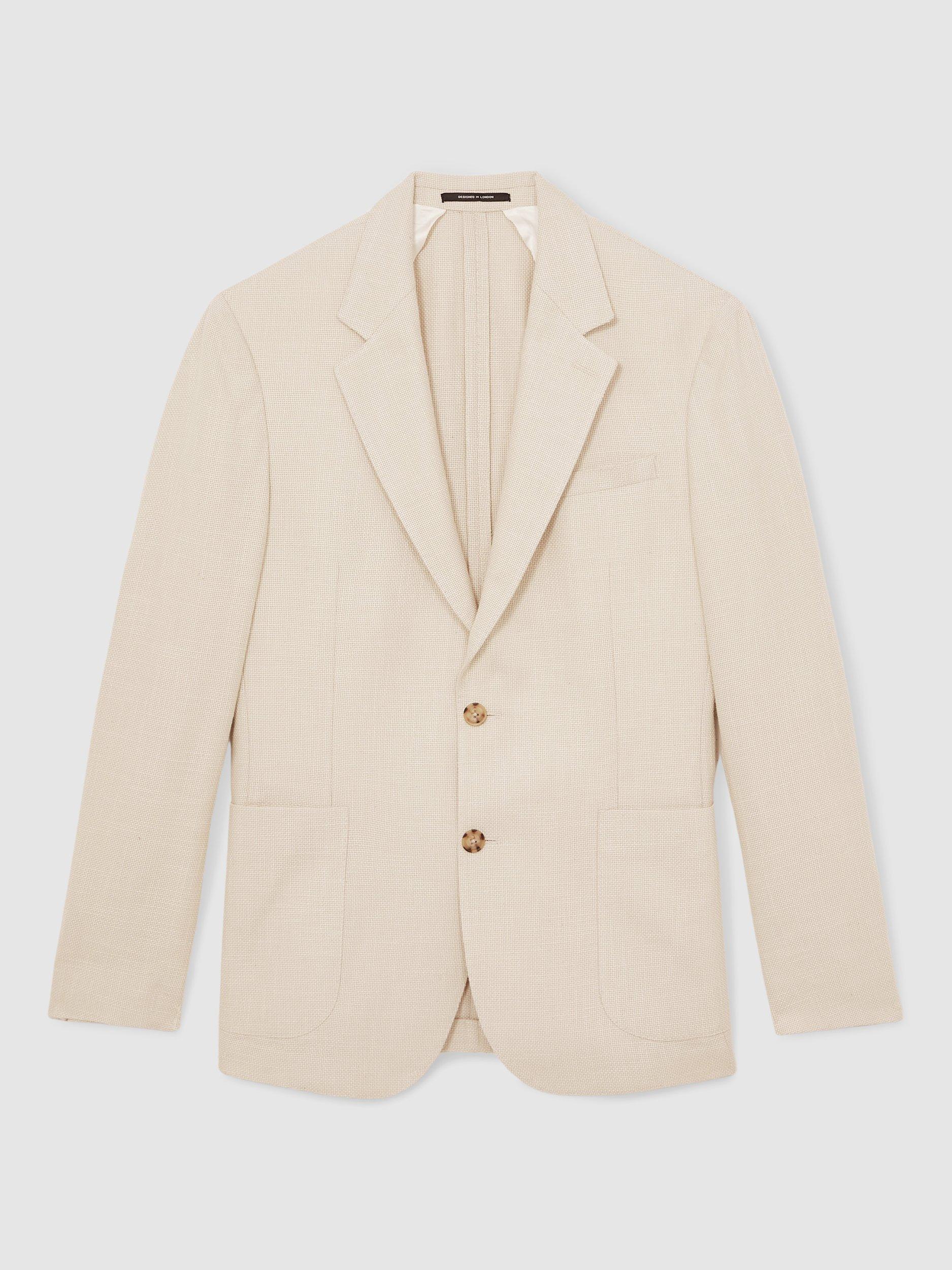 Product image 2 of 5, which shows Reiss Cotton Blend Single Breasted Tailored Blazer, Stone, 40