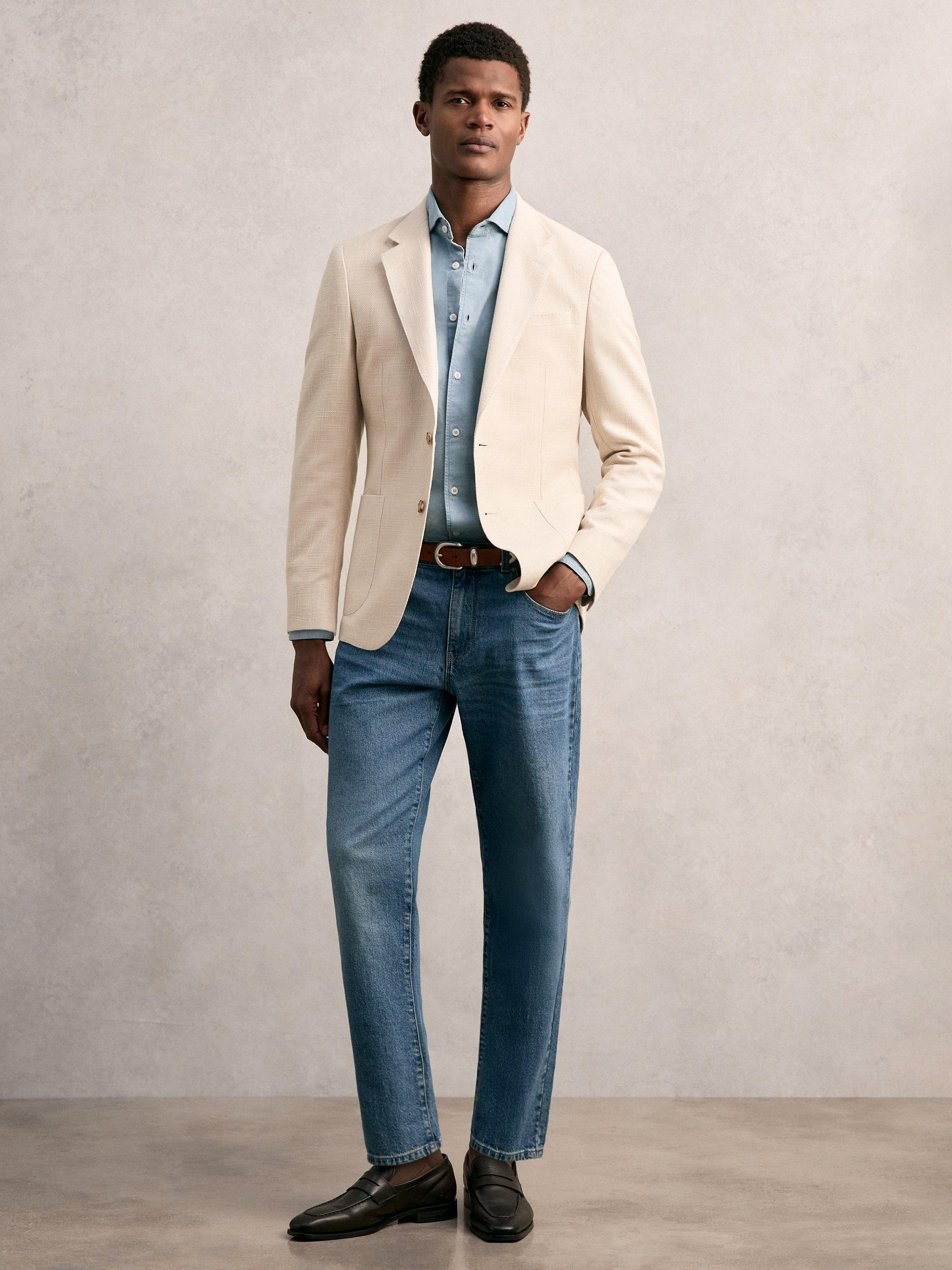 Product image 5 of 5, which shows Reiss Cotton Blend Single Breasted Tailored Blazer, Stone, 40