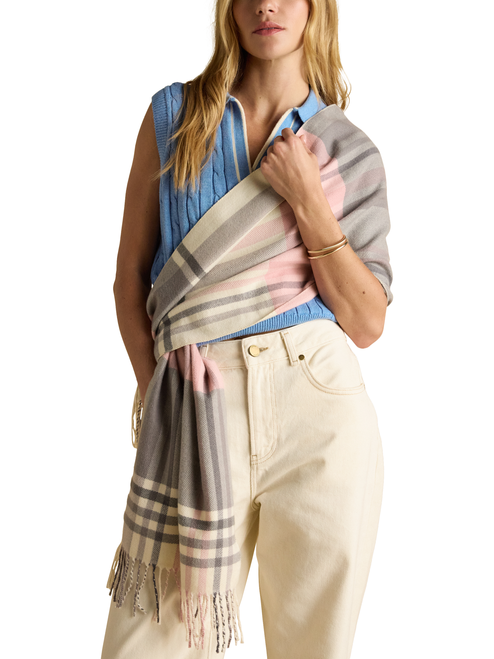 Product image 2 of 6, which shows Joules Langtree Tartan Scarf, Pink, One Size