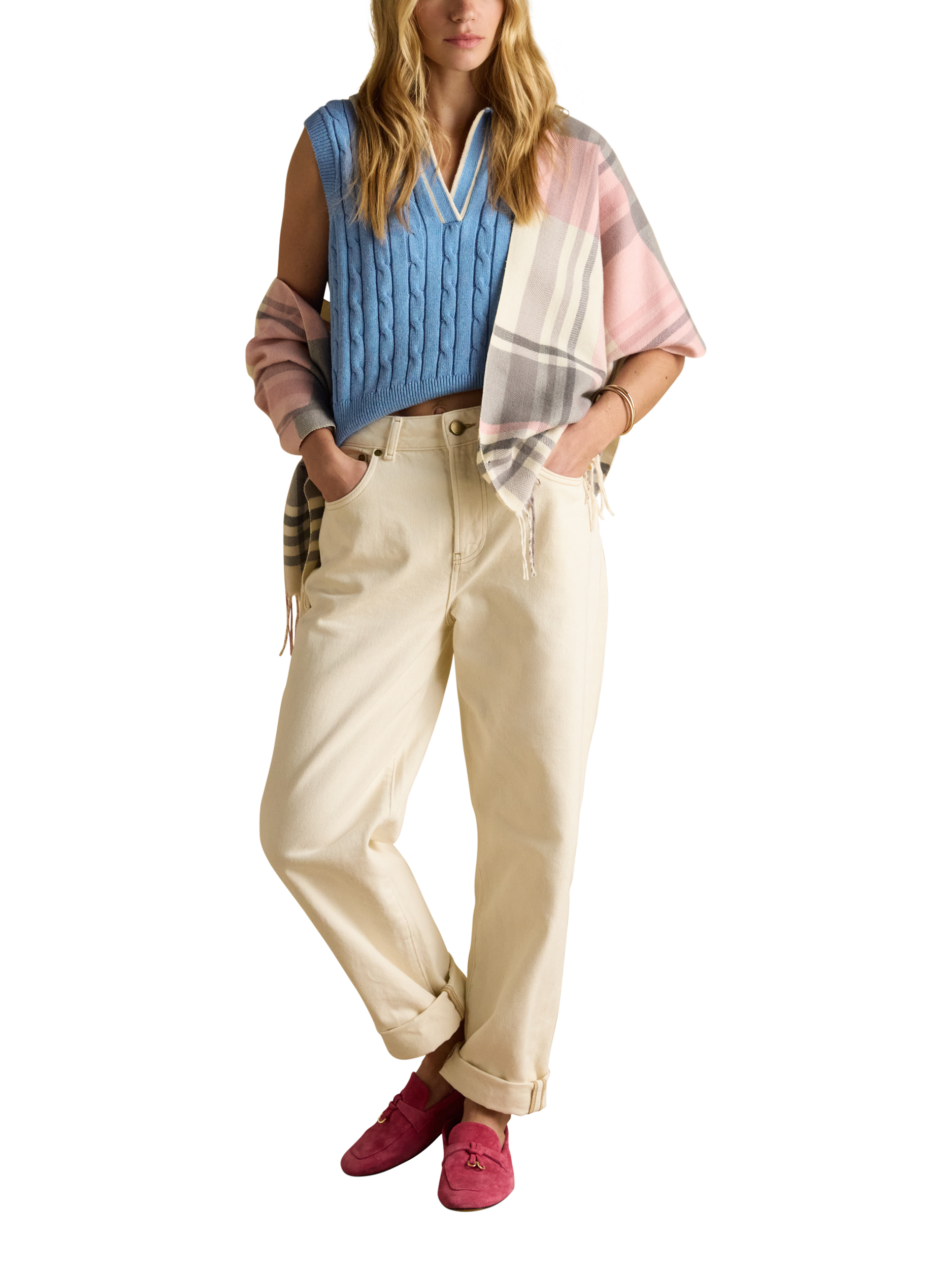 Product image 3 of 6, which shows Joules Langtree Tartan Scarf, Pink, One Size