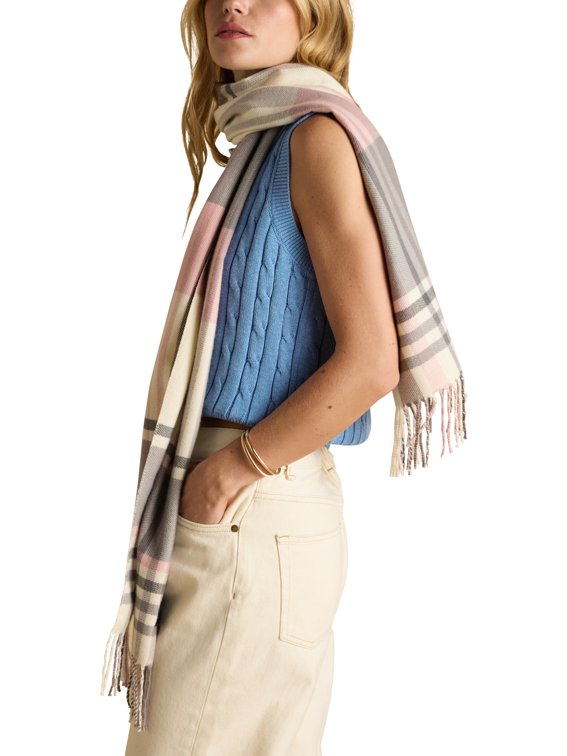 Product image 5 of 6, which shows Joules Langtree Tartan Scarf, Pink, One Size