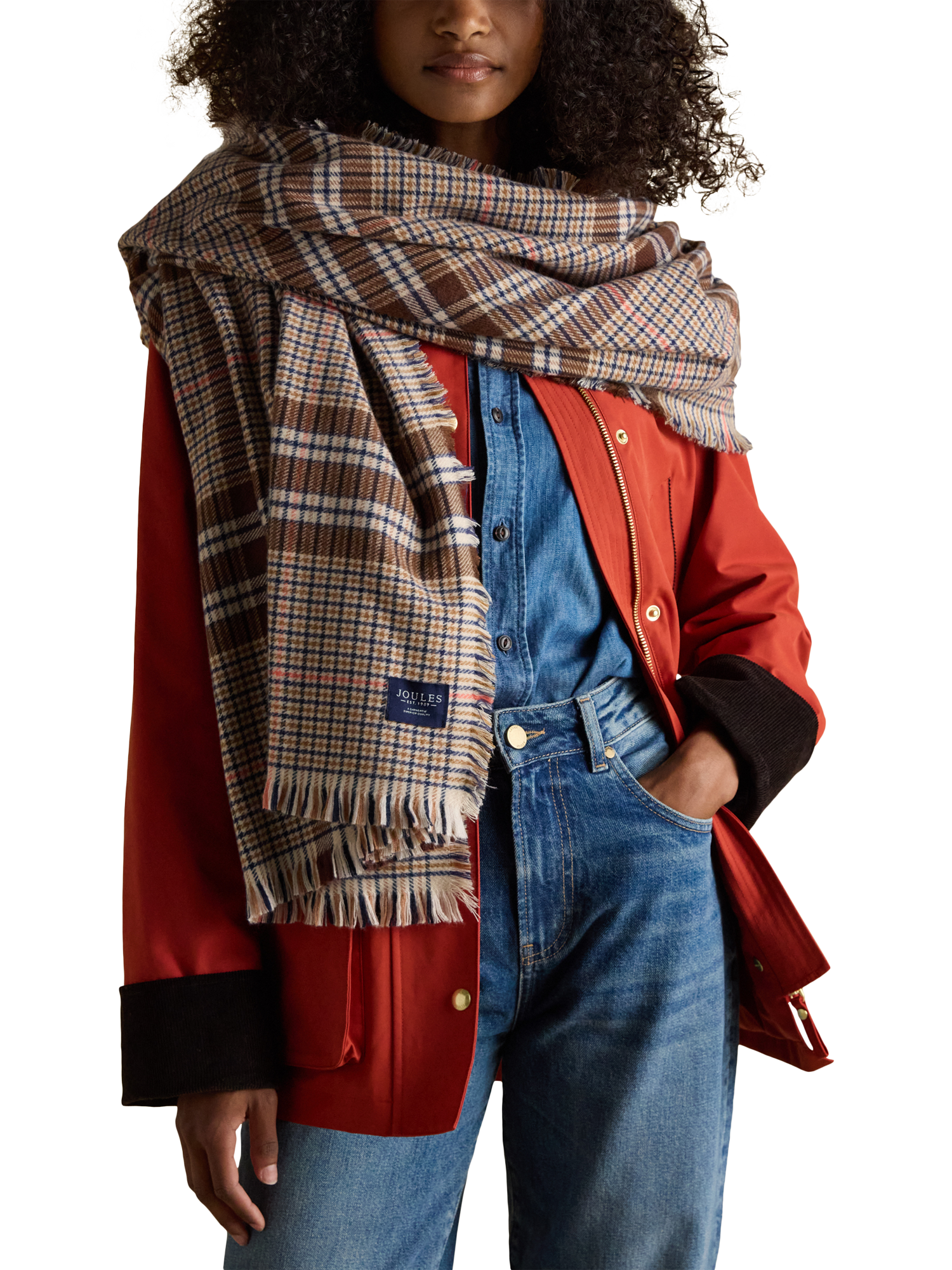 Joules Bracewell Tartan Scarf, Neutral