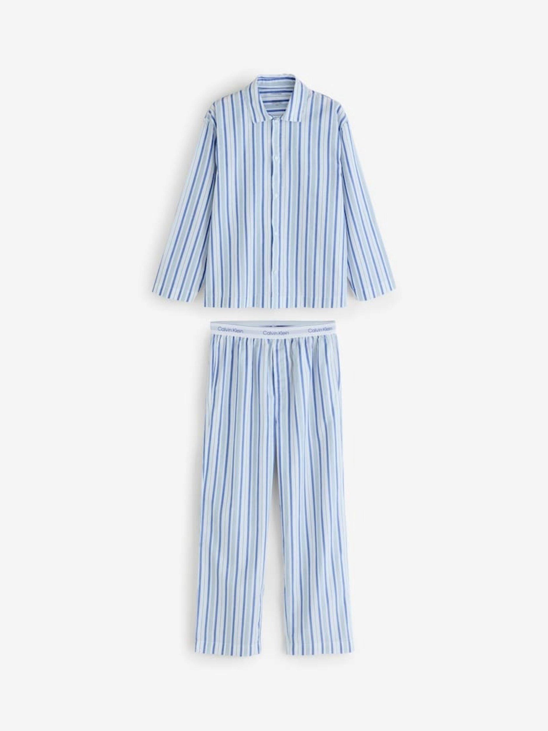 Product image 1 of 3, which shows Calvin Klein Stripe Cotton Poplin Pyjama Set, Pale Blue, S