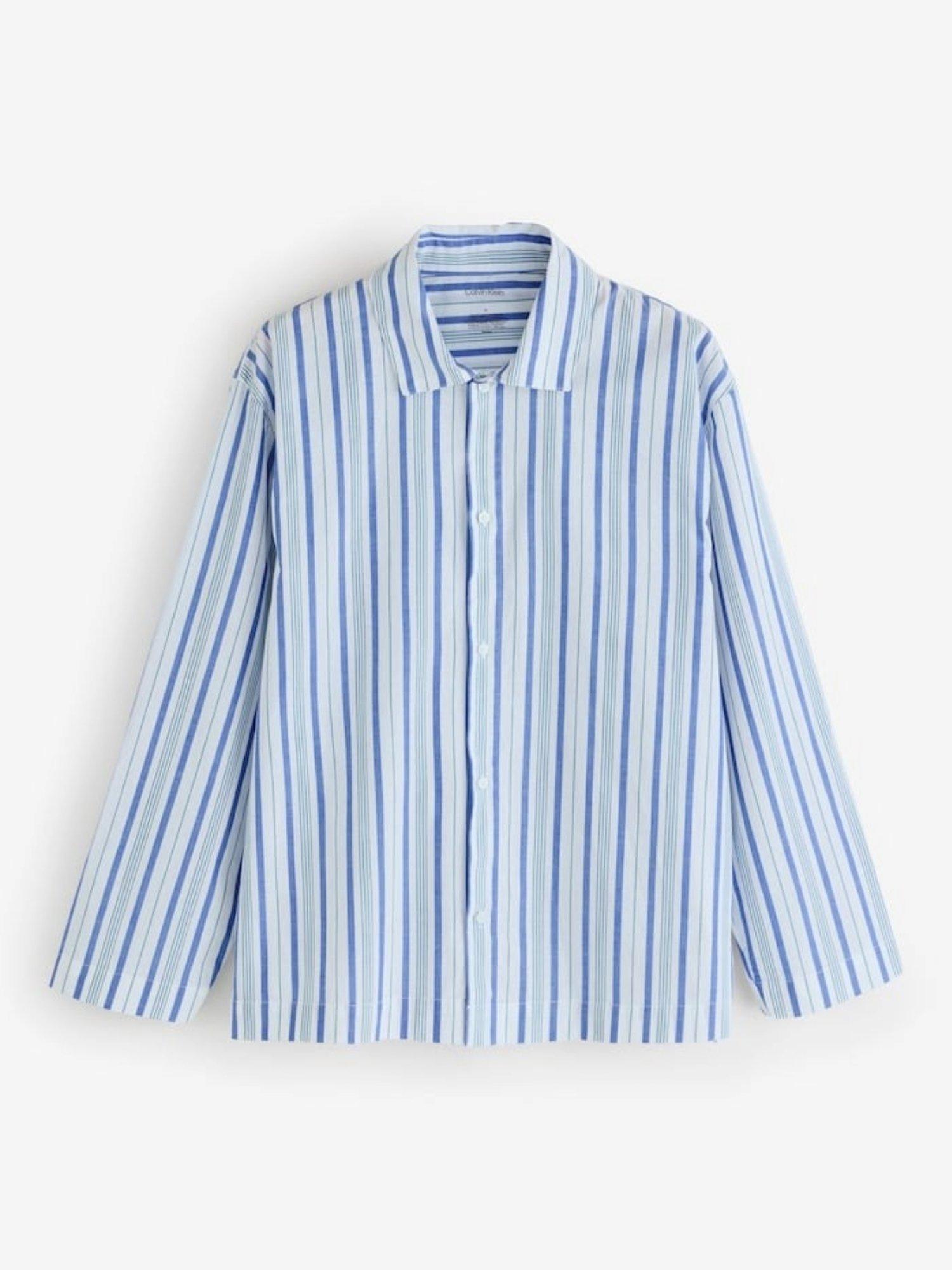 Product image 2 of 3, which shows Calvin Klein Stripe Cotton Poplin Pyjama Set, Pale Blue, S