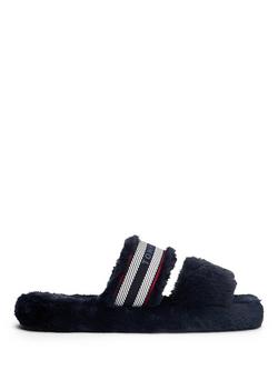 Tommy Hilfiger Faux Fur Woven Logo Slippers, Space Blue, Space Blue