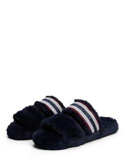 Tommy Hilfiger Faux Fur Woven Logo Slippers, Space Blue - view 2, Space Blue
