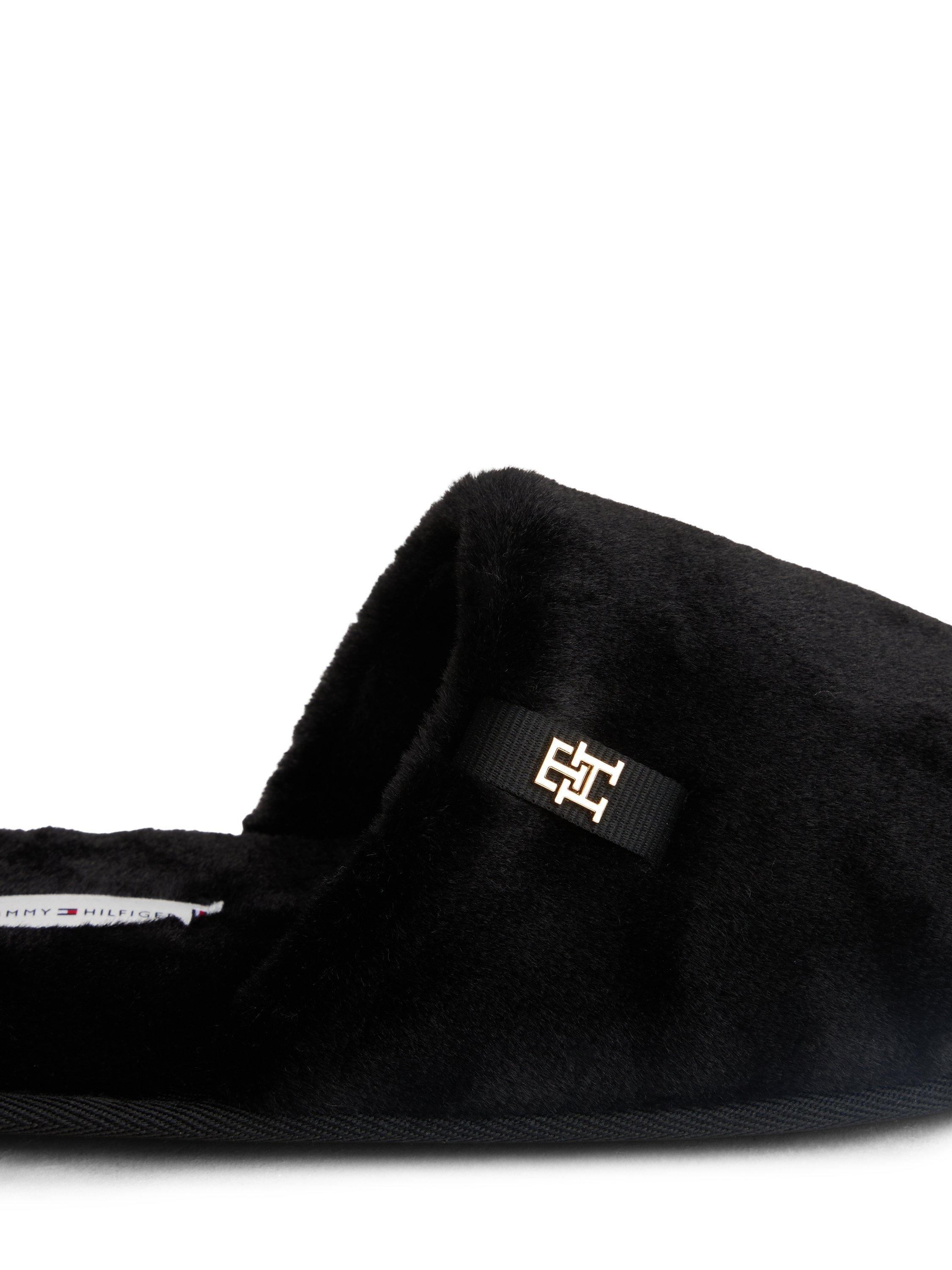 Product image 6 of 6, which shows Tommy Hilfiger TH Monogram Faux Fur Slippers, Black, EU35