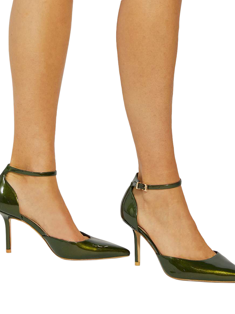 Product image 2 of 6, which shows Dune London Calmness Pointed Back Counter Stiletto Heels, Green Patent, EU36