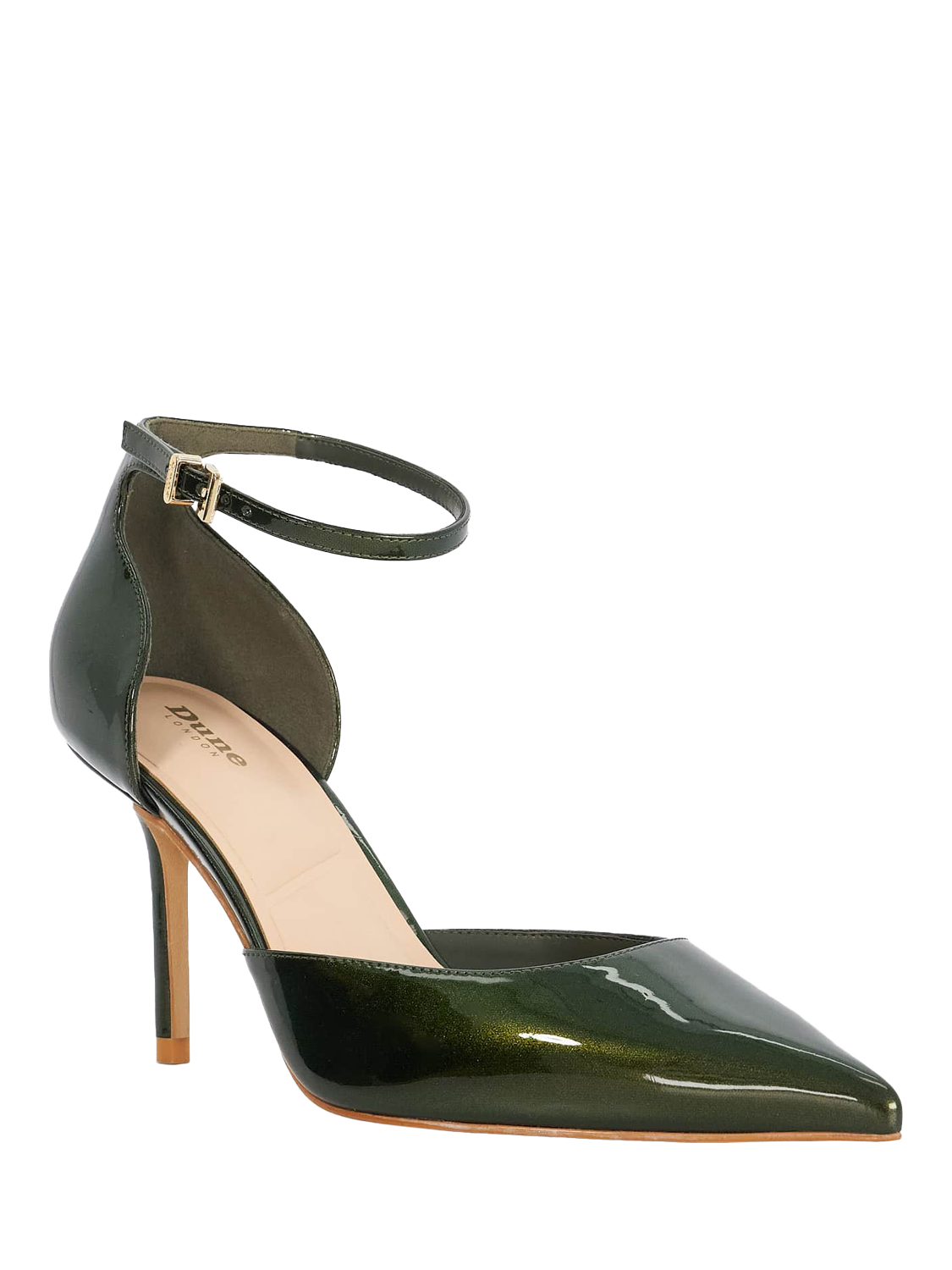 Product image 4 of 6, which shows Dune London Calmness Pointed Back Counter Stiletto Heels, Green Patent, EU36