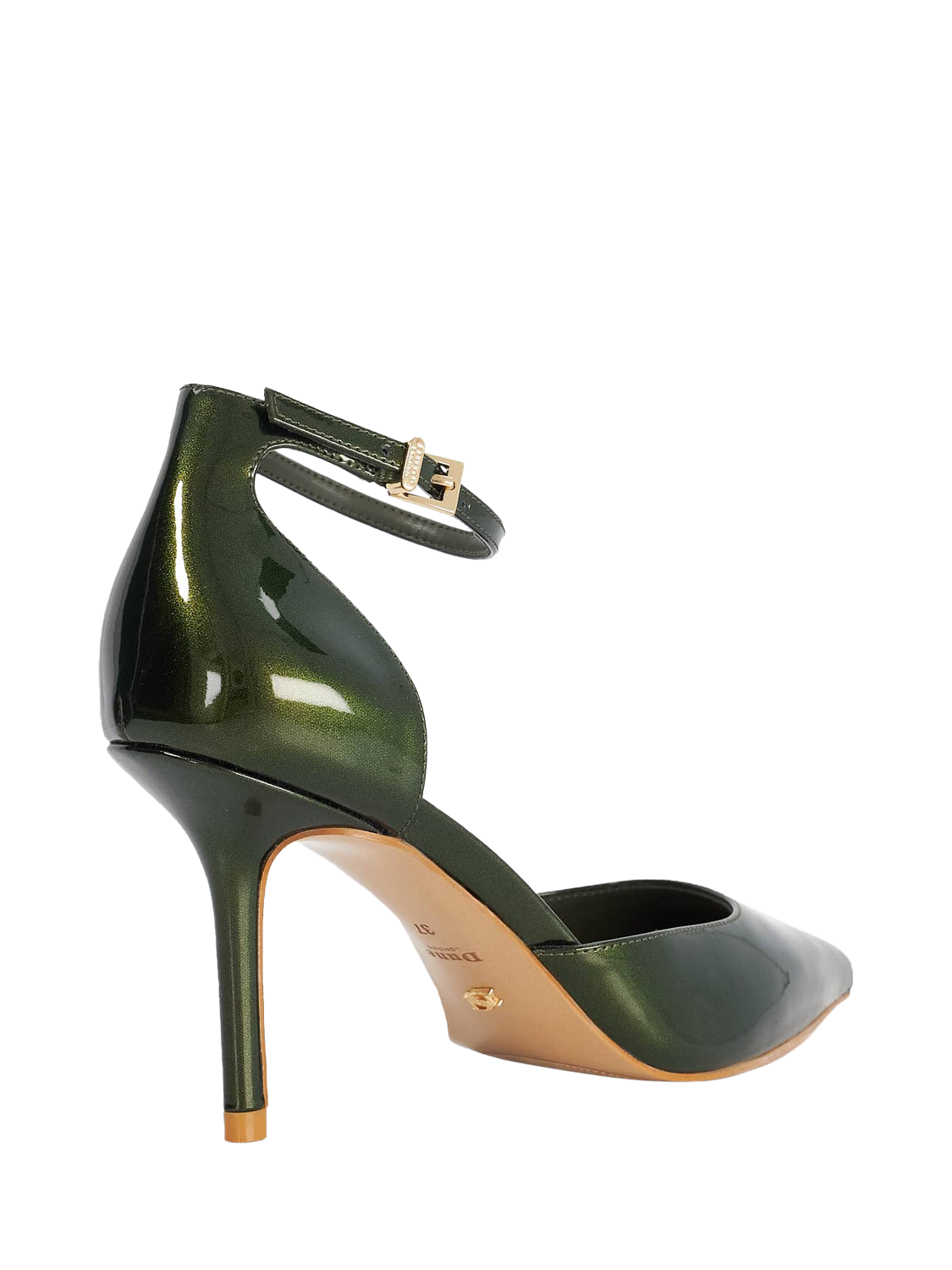 Product image 5 of 6, which shows Dune London Calmness Pointed Back Counter Stiletto Heels, Green Patent, EU36