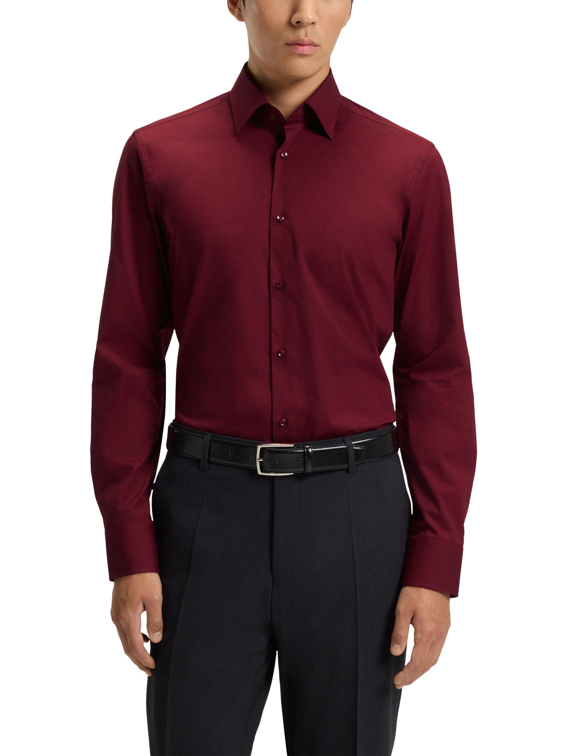 Product image 1 of 6, which shows HUGO BOSS Cotton Blend Long Sleeve Collar Shirt, Dark Red, 16