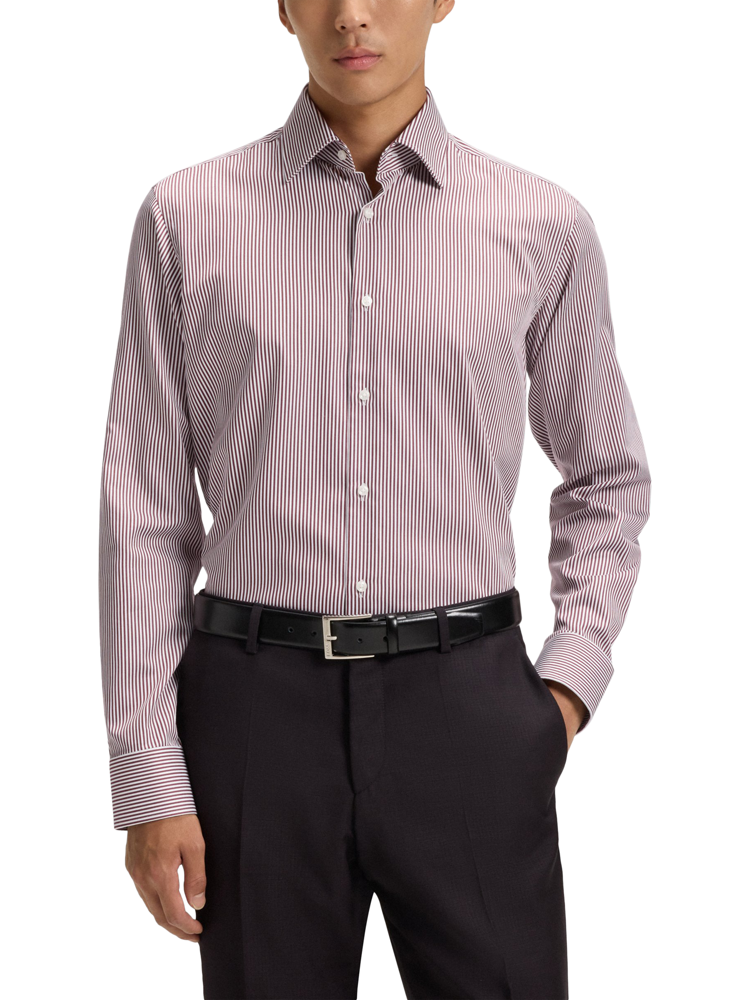 Product image 1 of 6, which shows BOSS Cotton Regular Fit Stripe Shirt, Dark Red, 15.5
