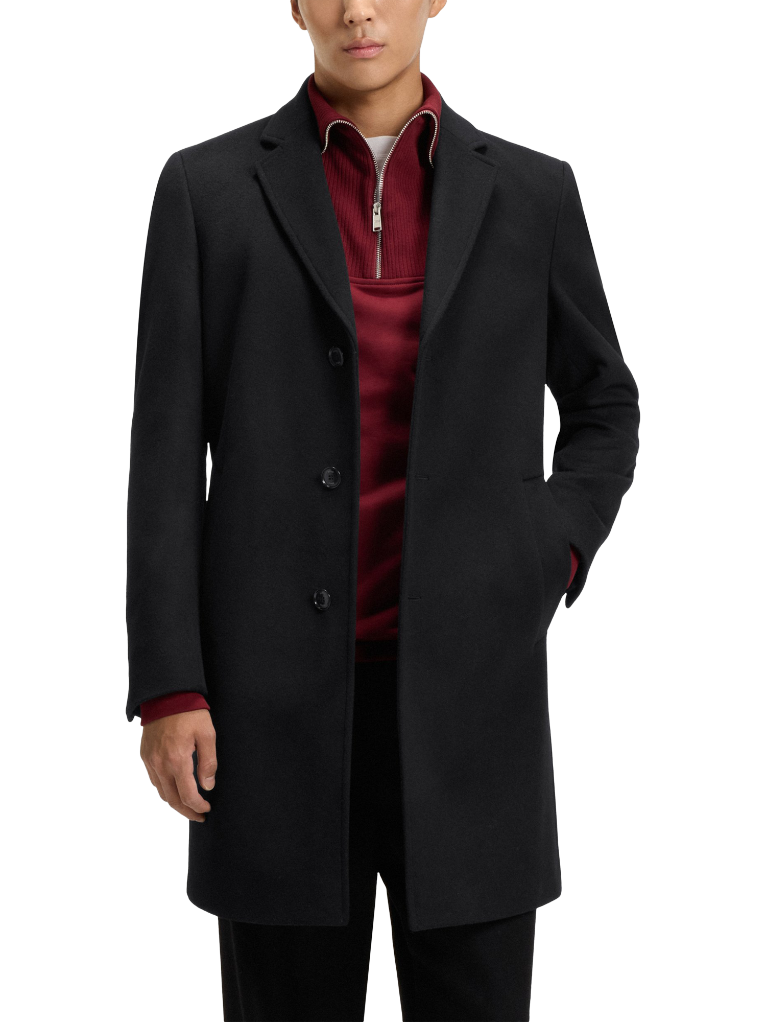 HUGO BOSS BOSS Single Breasted Wool Blend Coat, Black