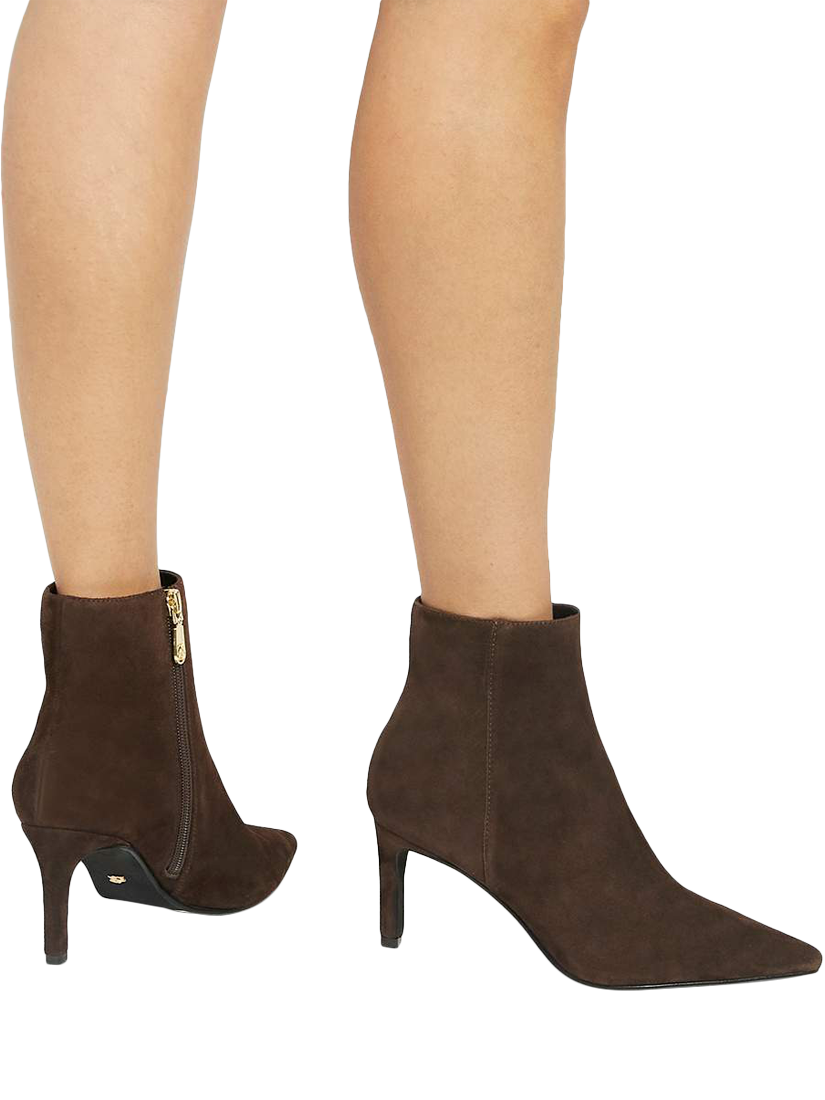 Product image 2 of 6, which shows Dune London Obsessively Suede Heeled Ankle Boots, Brown, EU36